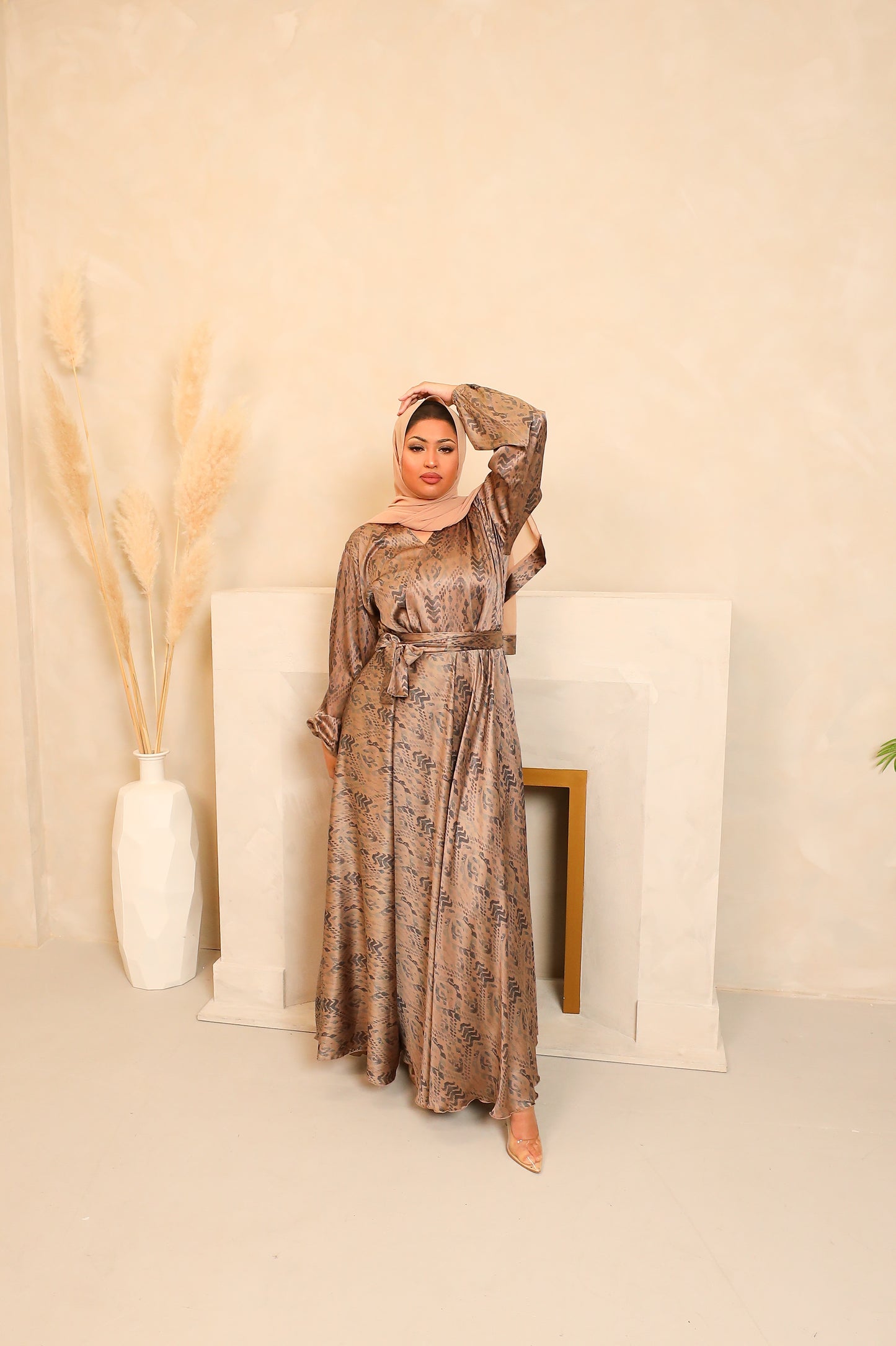 Amal flared Abaya in a Pale Blue tribal motif print