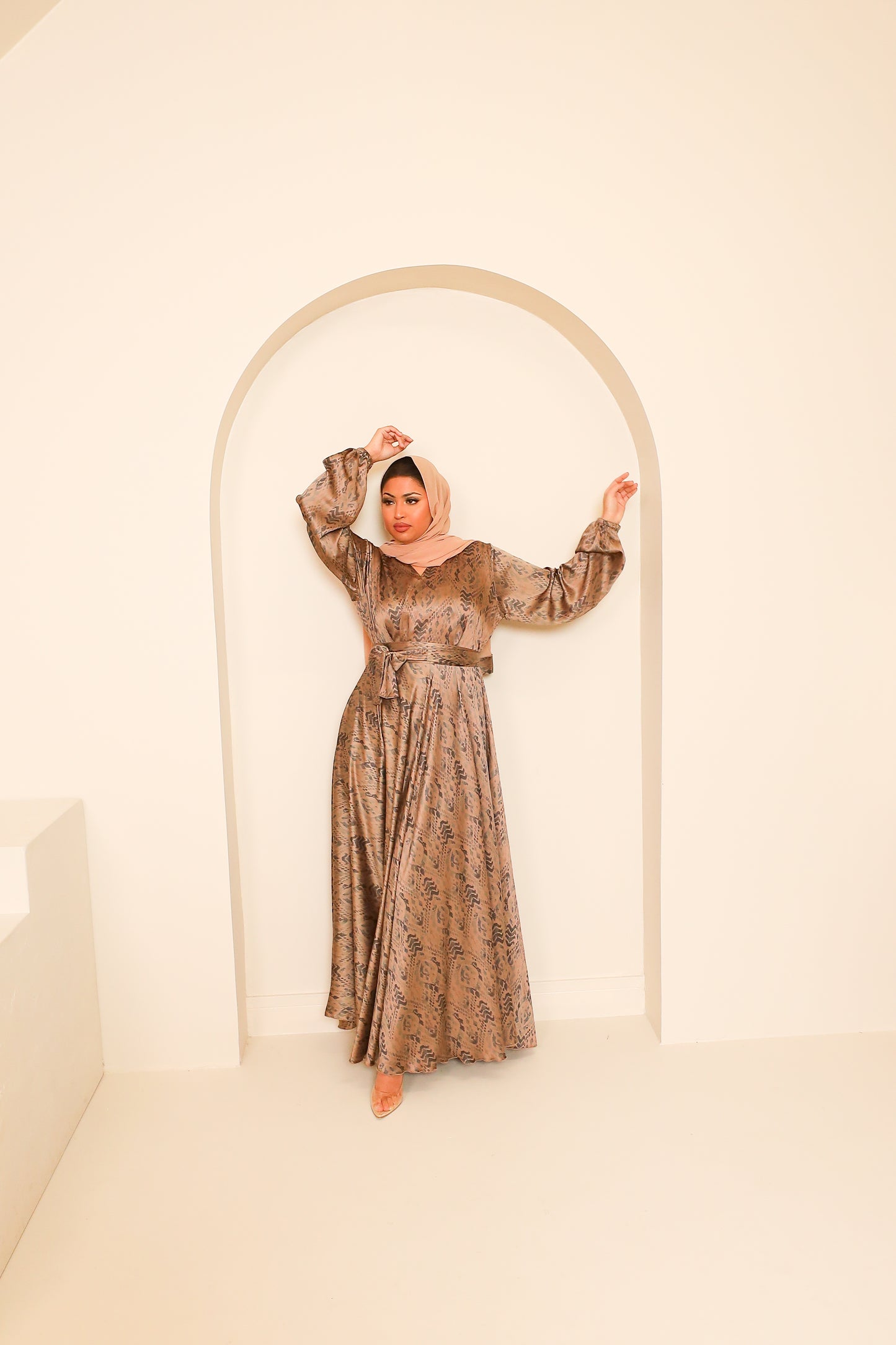 Amal flared Abaya in a Pale Blue tribal motif print