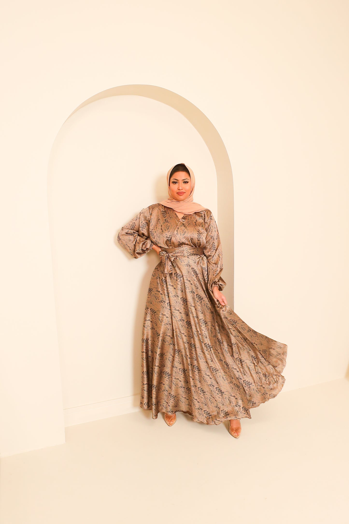 Amal flared Abaya in a Pale Blue tribal motif print