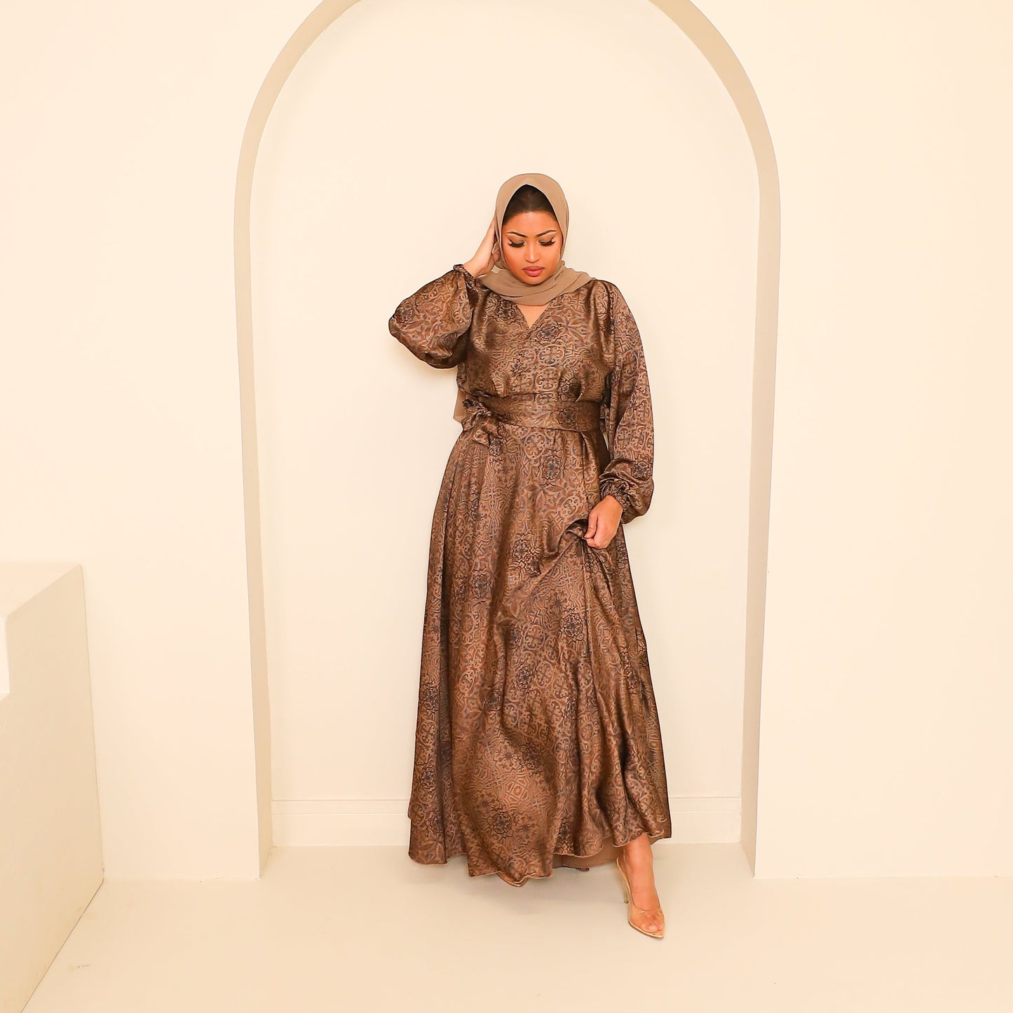 Amal flared Abaya in a Moroccan geometric floral print