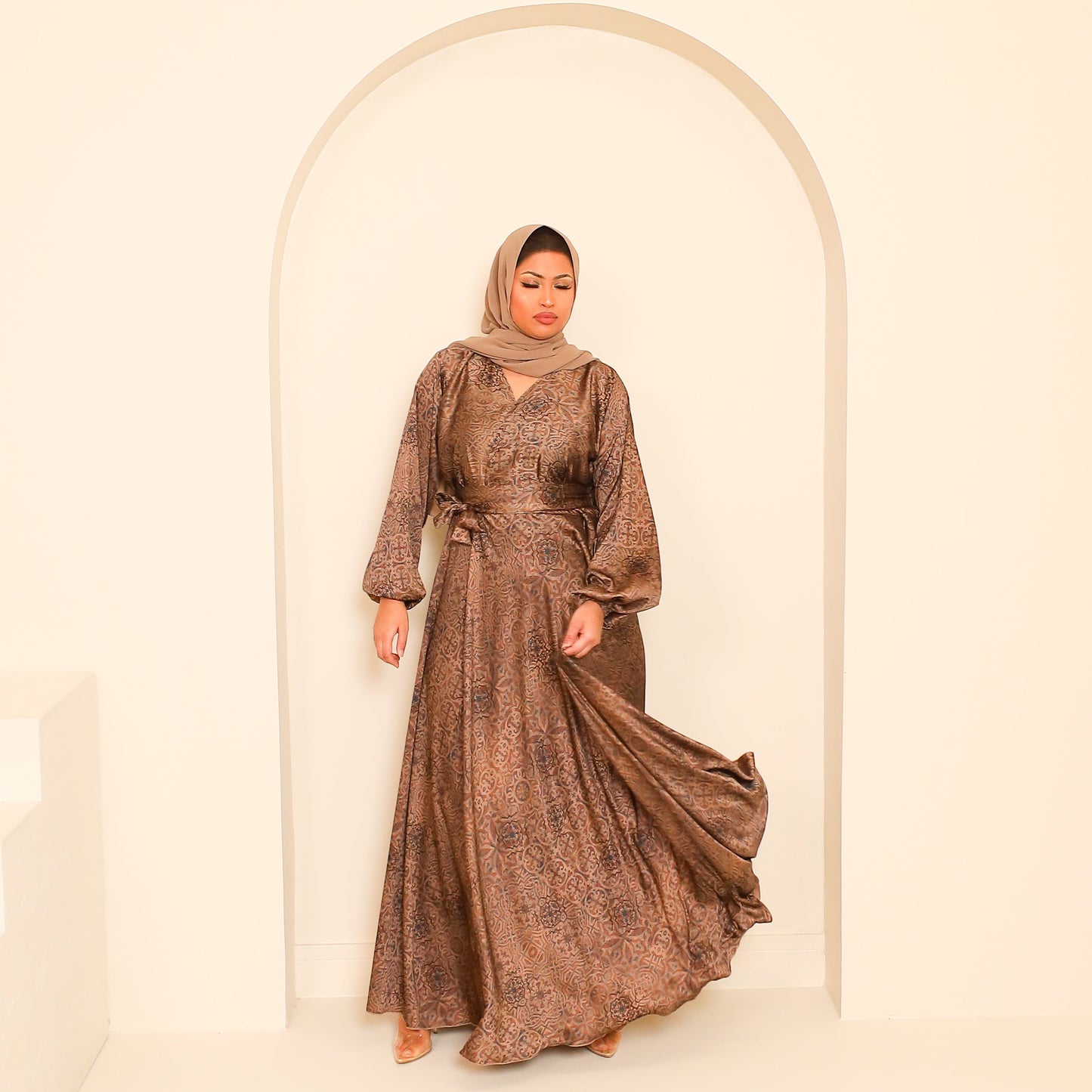 Amal flared Abaya in a Moroccan geometric floral print