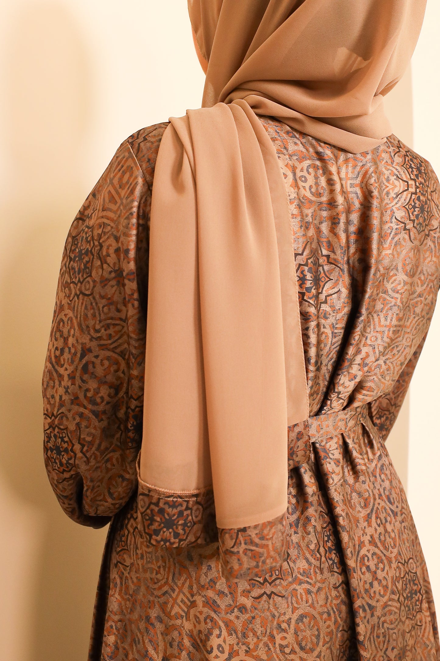 Amal flared Abaya in a Moroccan geometric floral print