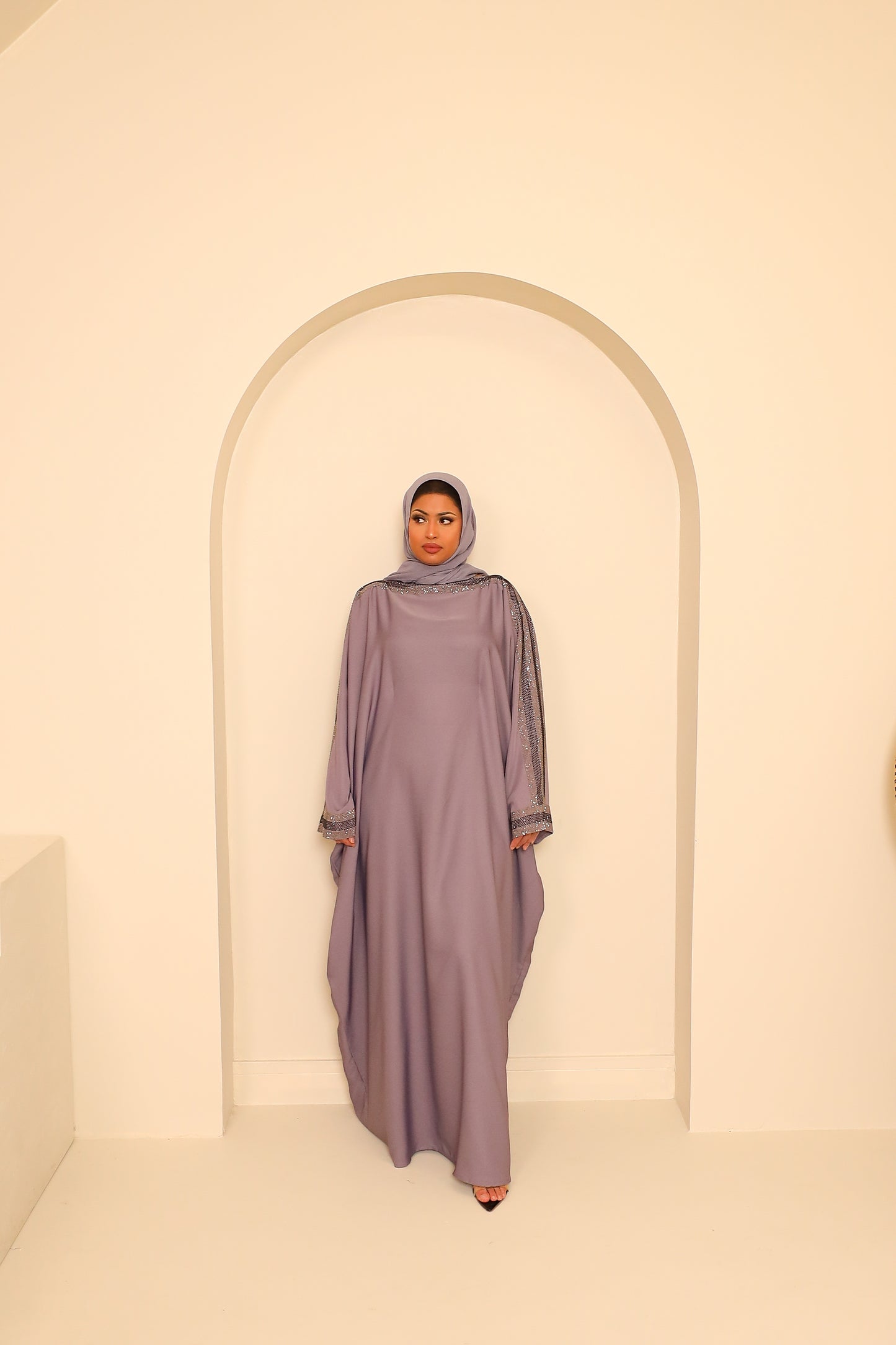 Nihal Modest Batwing Abaya in embellished Lilac Grey