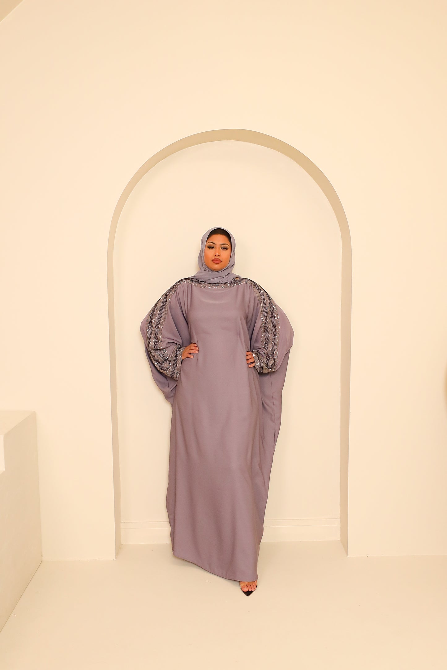 Nihal Modest Batwing Abaya in embellished Lilac Grey