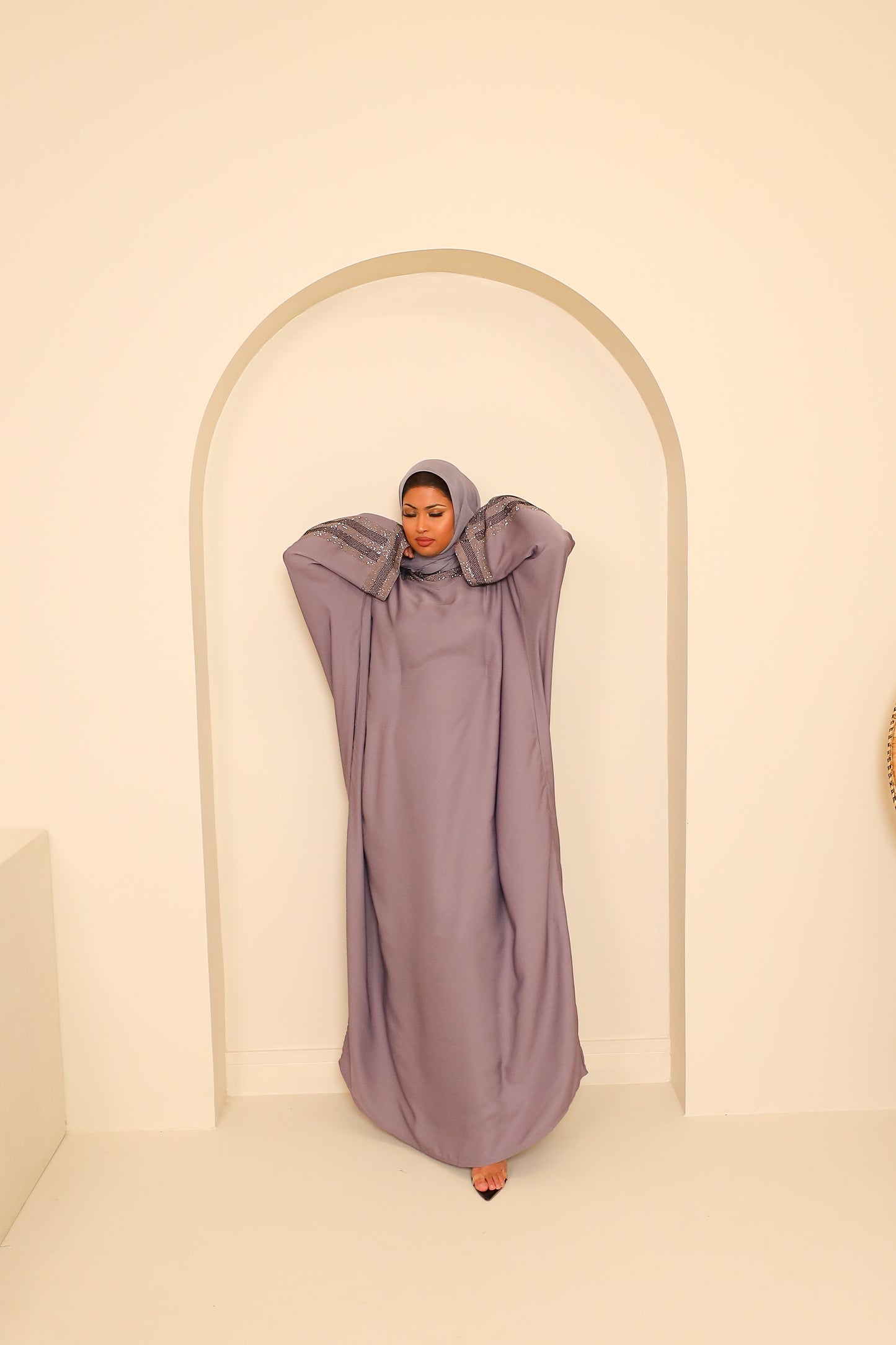 Nihal Modest Batwing Abaya in embellished Lilac Grey