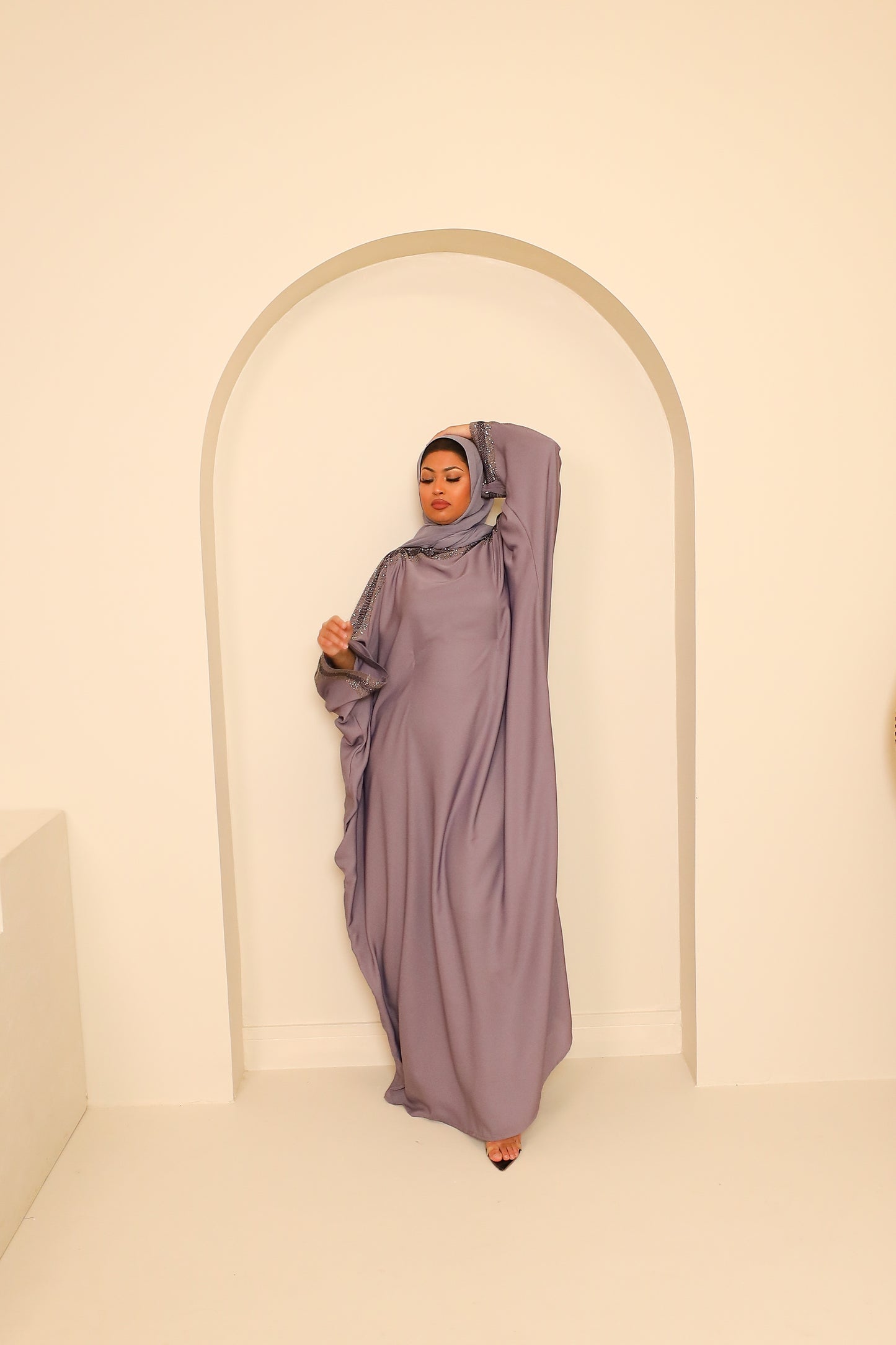 Nihal Modest Batwing Abaya in embellished Lilac Grey