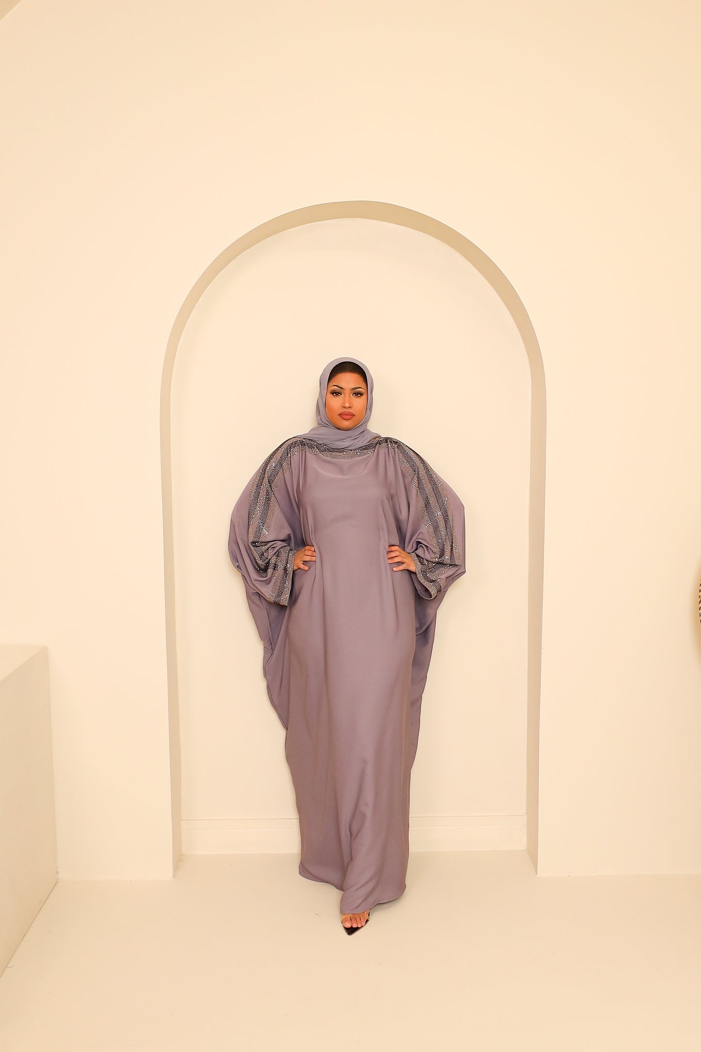 Nihal Modest Batwing Abaya in embellished Lilac Grey