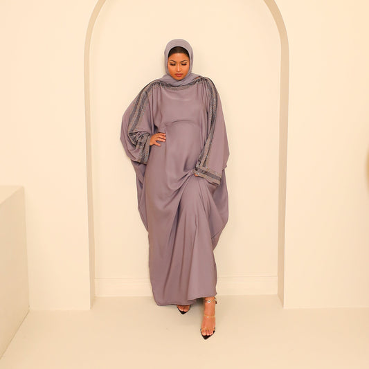 Nihal Modest Batwing Abaya in embellished Lilac Grey