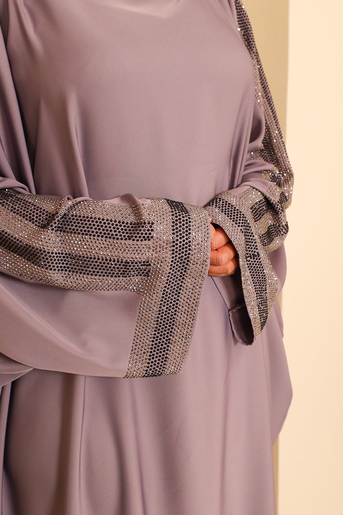 Nihal Modest Batwing Abaya in embellished Lilac Grey