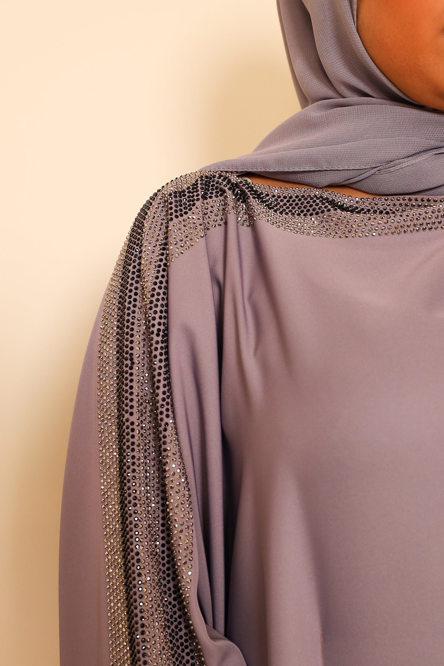 Nihal Modest Batwing Abaya in embellished Lilac Grey