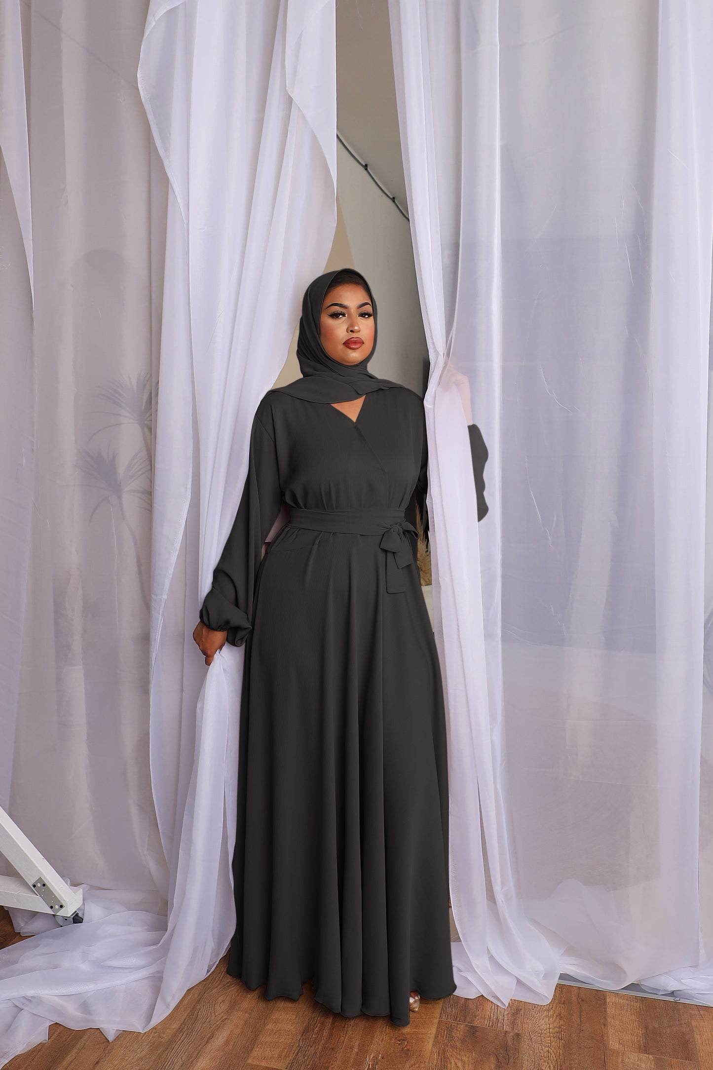 Amal wrap flare abaya Black in Fine Crinkle