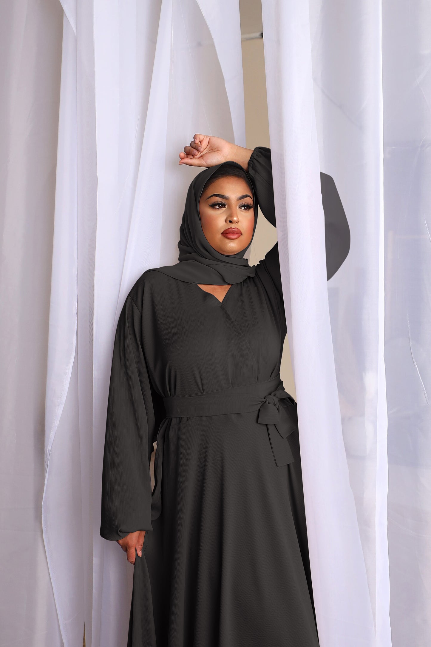 Amal wrap flare abaya Black in Fine Crinkle