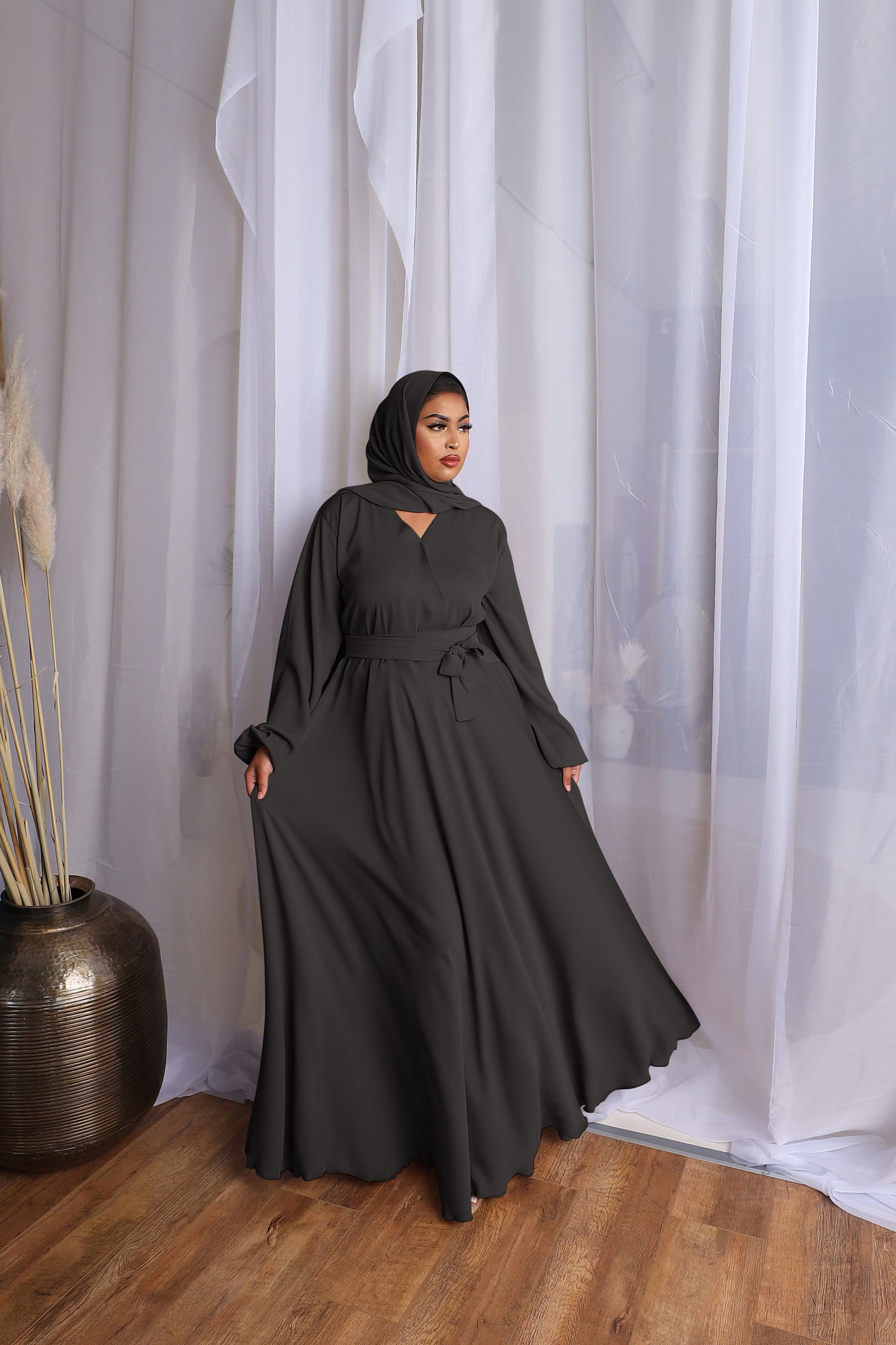Amal wrap flare abaya Black in Fine Crinkle