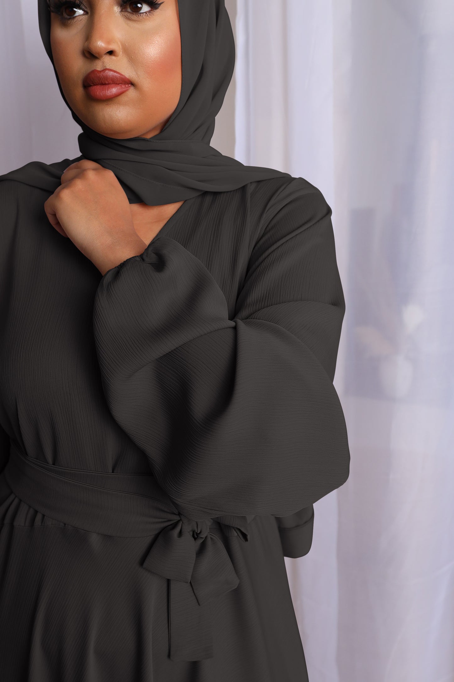 Amal wrap flare abaya Black in Fine Crinkle