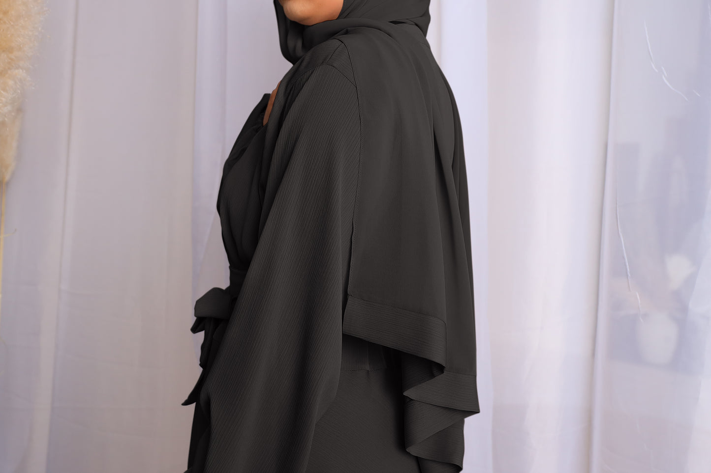 Amal wrap flare abaya Black in Fine Crinkle