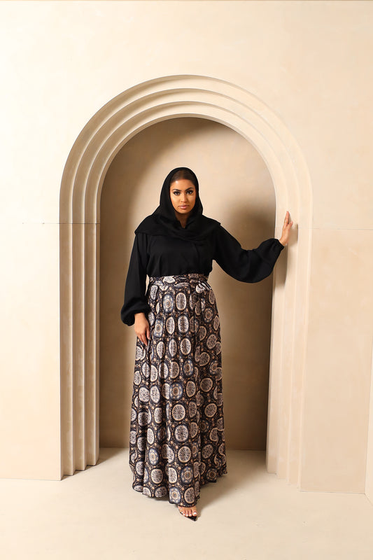 Amal flared Abaya in Black Nida and Indian printed Motifs
