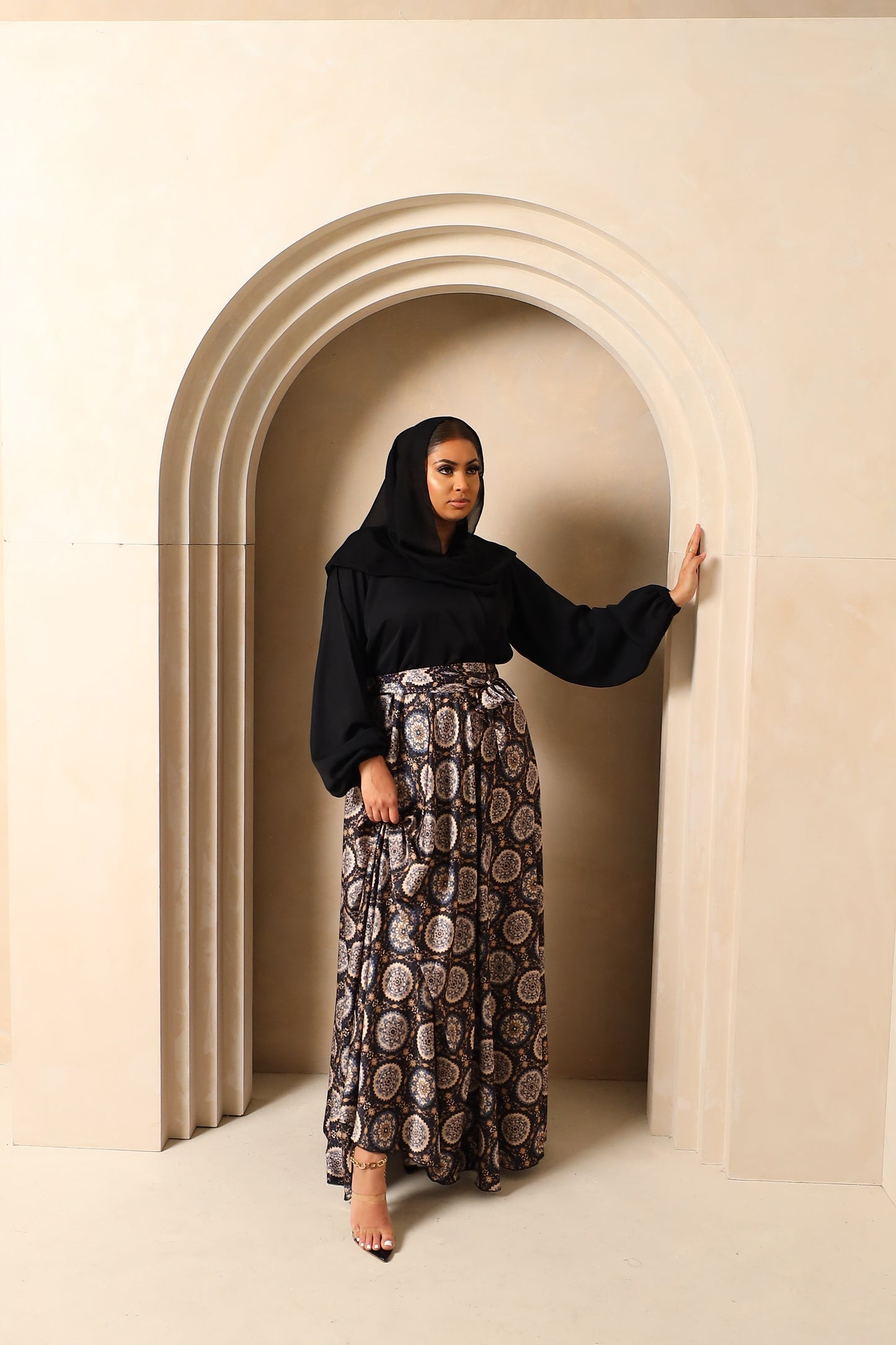 Amal flared Abaya in Black Nida and Indian printed Motifs