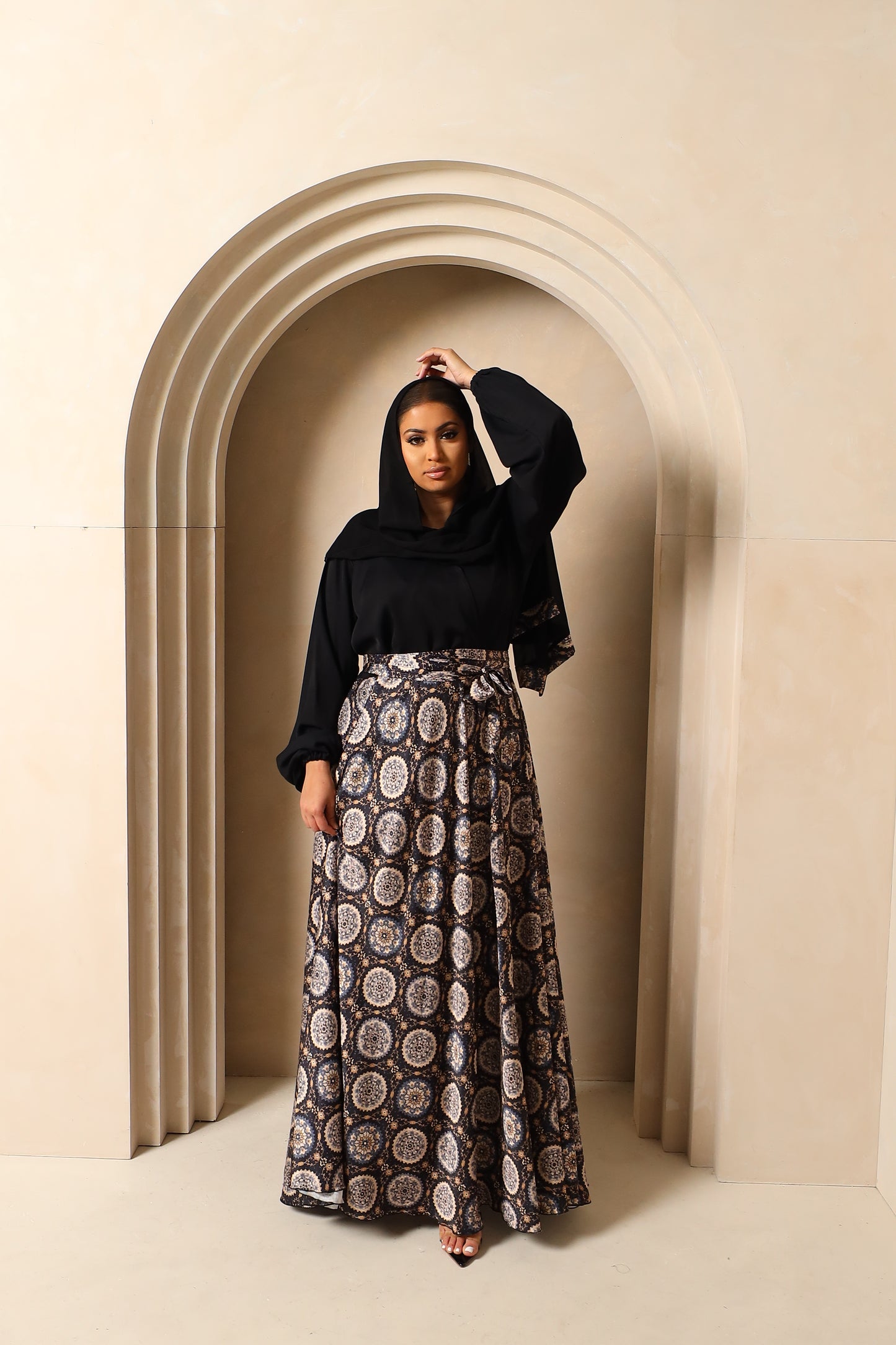 Amal flared Abaya in Black Nida and Indian printed Motifs