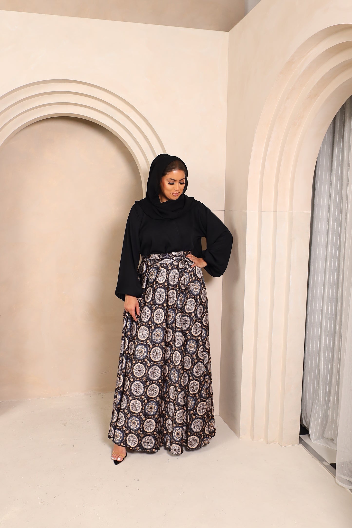 Amal flared Abaya in Black Nida and Indian printed Motifs