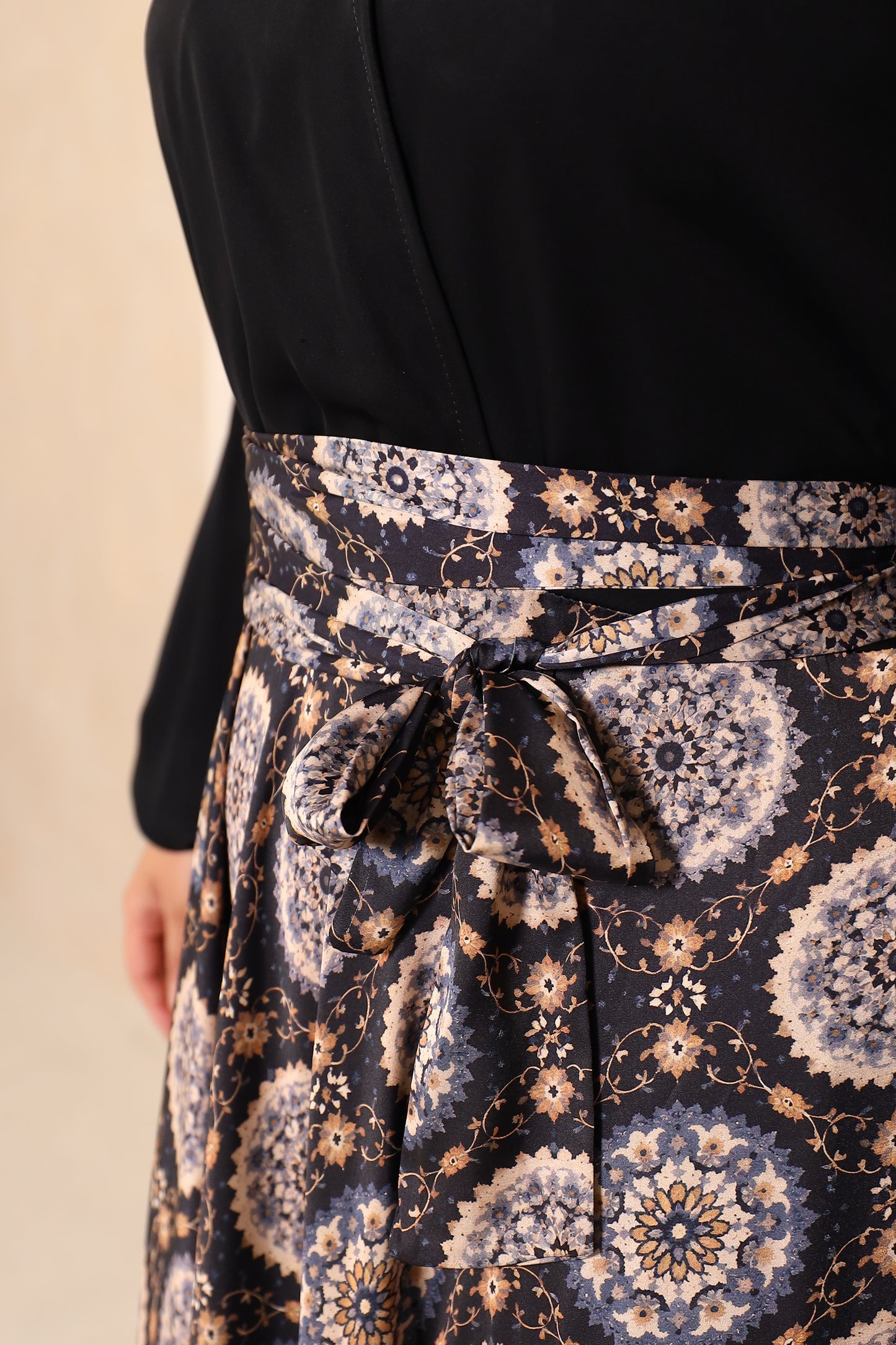 Amal flared Abaya in Black Nida and Indian printed Motifs