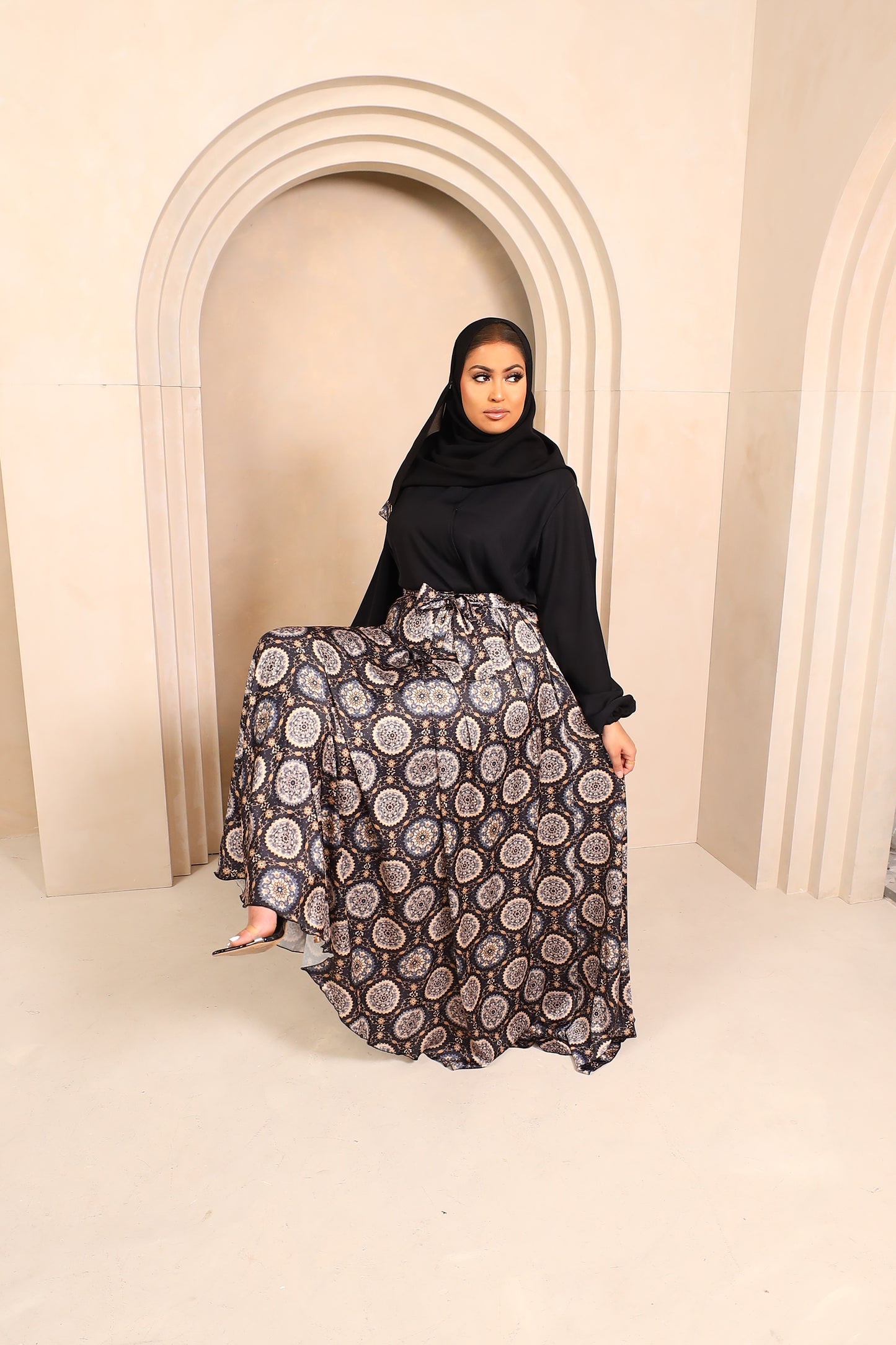 Amal flared Abaya in Black Nida and Indian printed Motifs