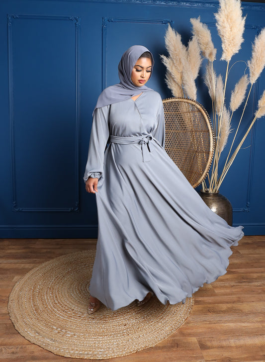 Amal Abaya Dove Grey in Fine Crinkle