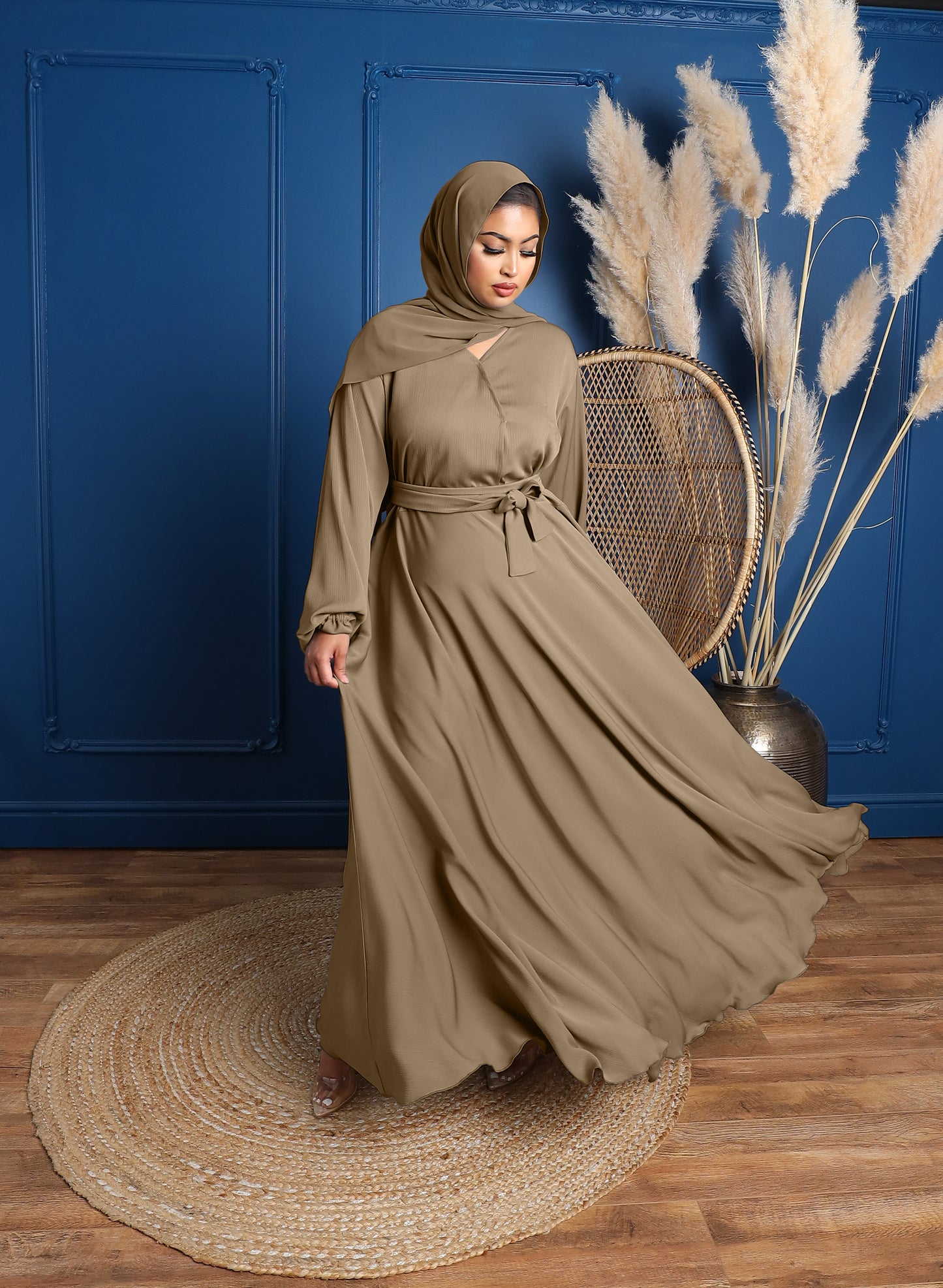 Amal wrap flare abaya Taupe in Fine Crinkle