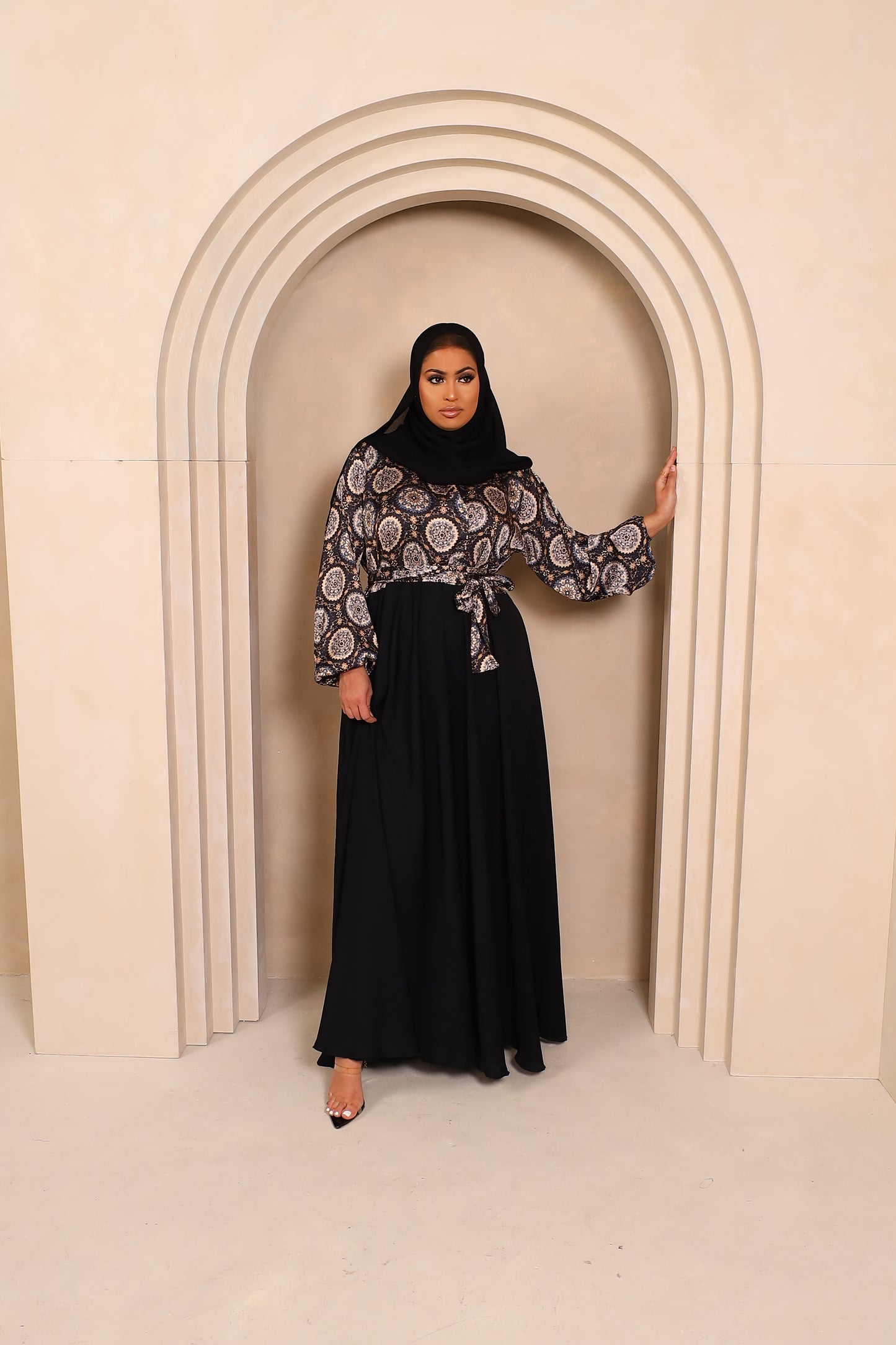 Amal flared Abaya in an Indian Printed Blouse & Black Nidha Skirt