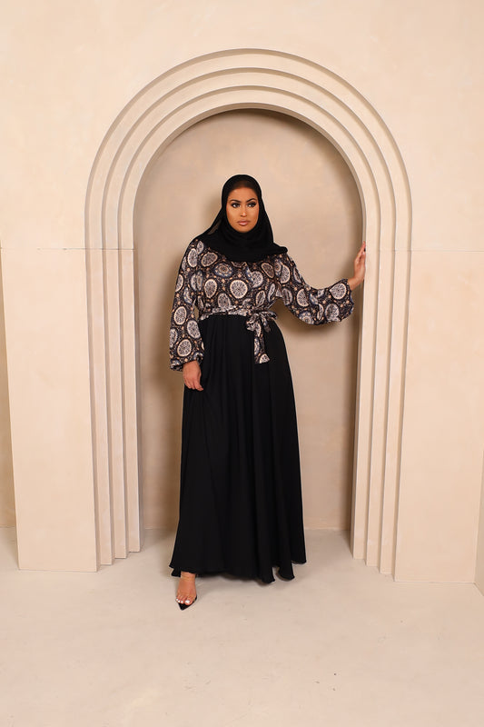 Amal flared Abaya in an Indian Printed Blouse & Black Nidha Skirt
