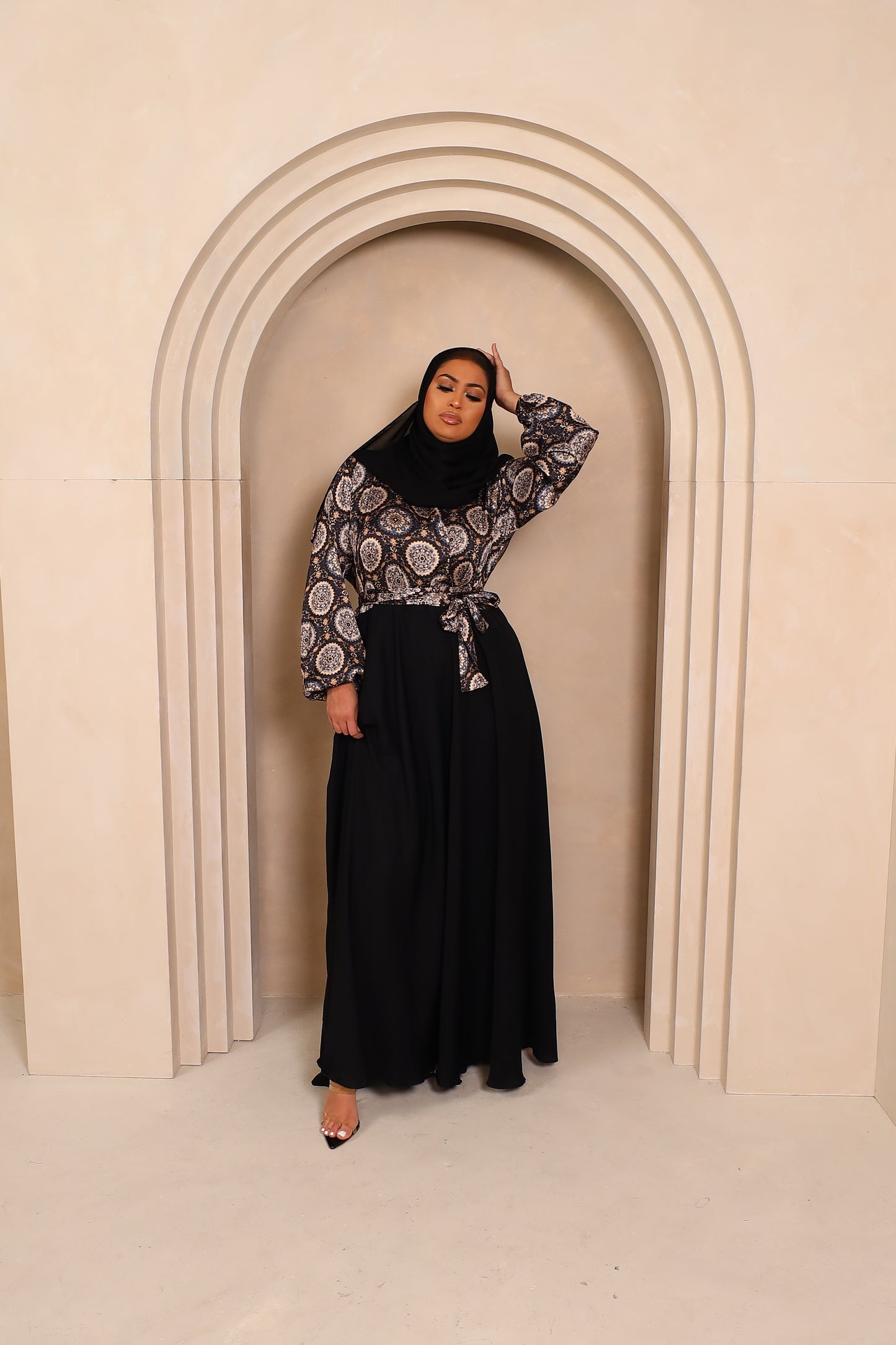 Amal flared Abaya in an Indian Printed Blouse & Black Nidha Skirt