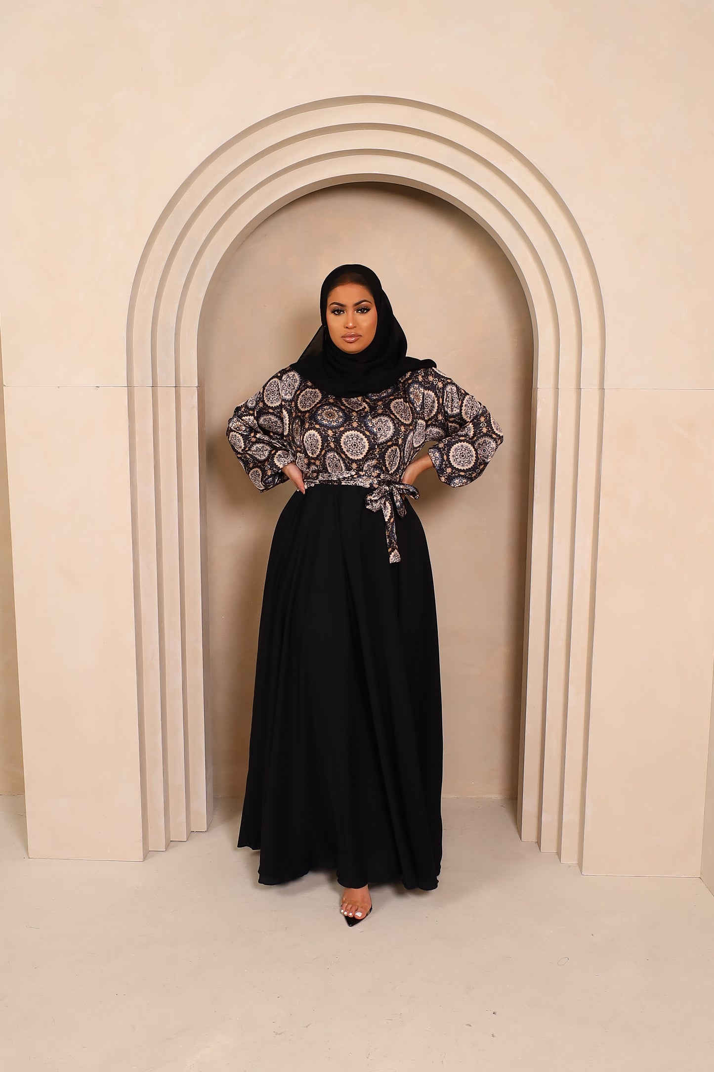 Amal flared Abaya in an Indian Printed Blouse & Black Nidha Skirt