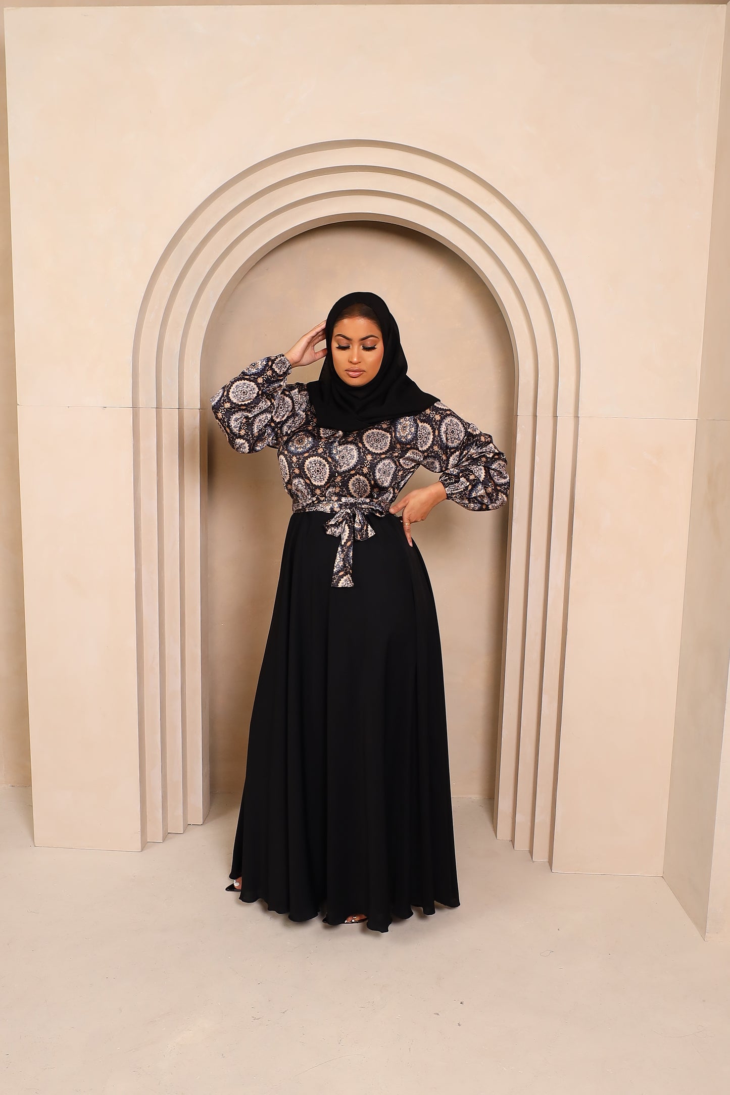 Amal flared Abaya in an Indian Printed Blouse & Black Nidha Skirt