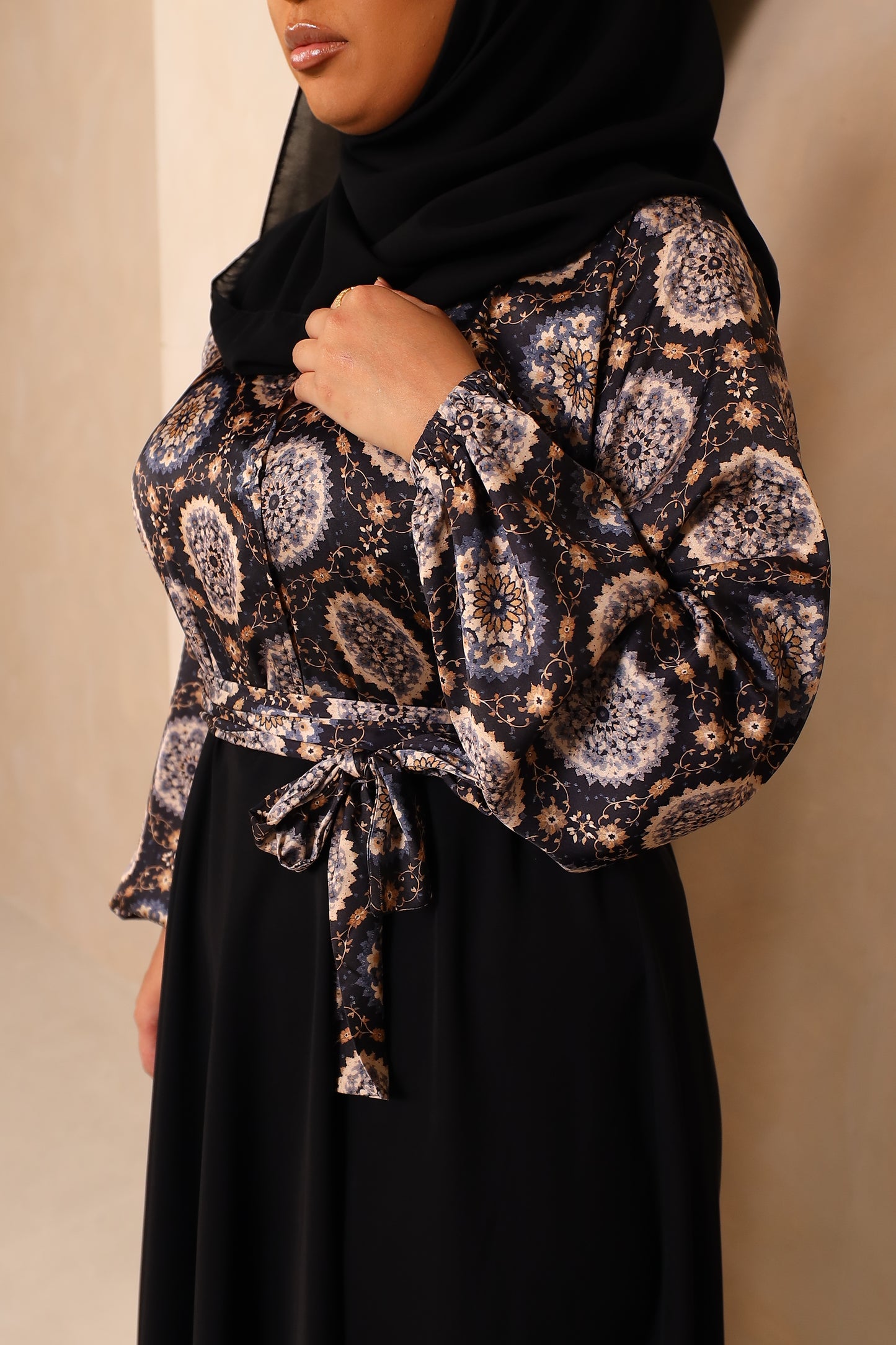 Amal flared Abaya in an Indian Printed Blouse & Black Nidha Skirt