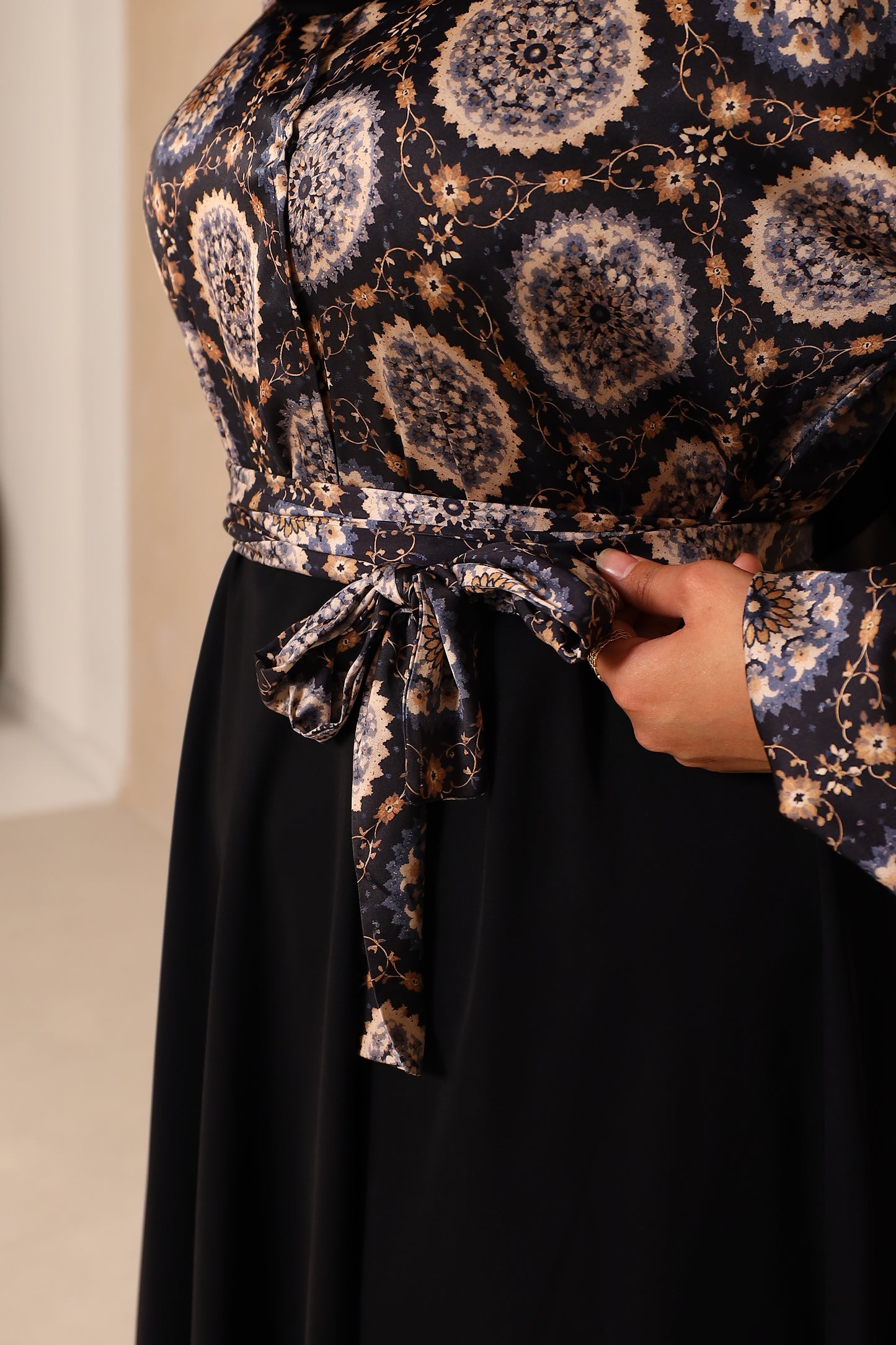 Amal flared Abaya in an Indian Printed Blouse & Black Nidha Skirt