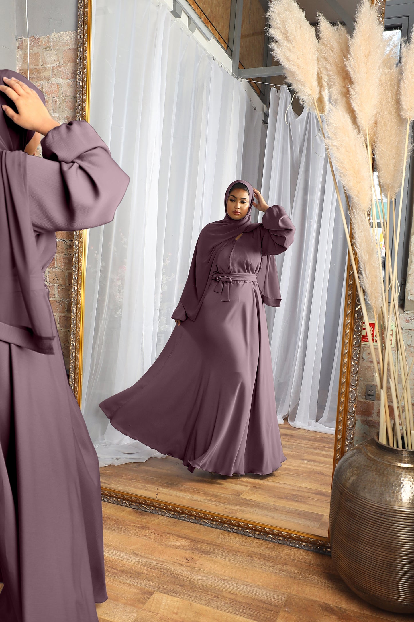 Amal wrap flare abaya Heather in Fine Crinkle