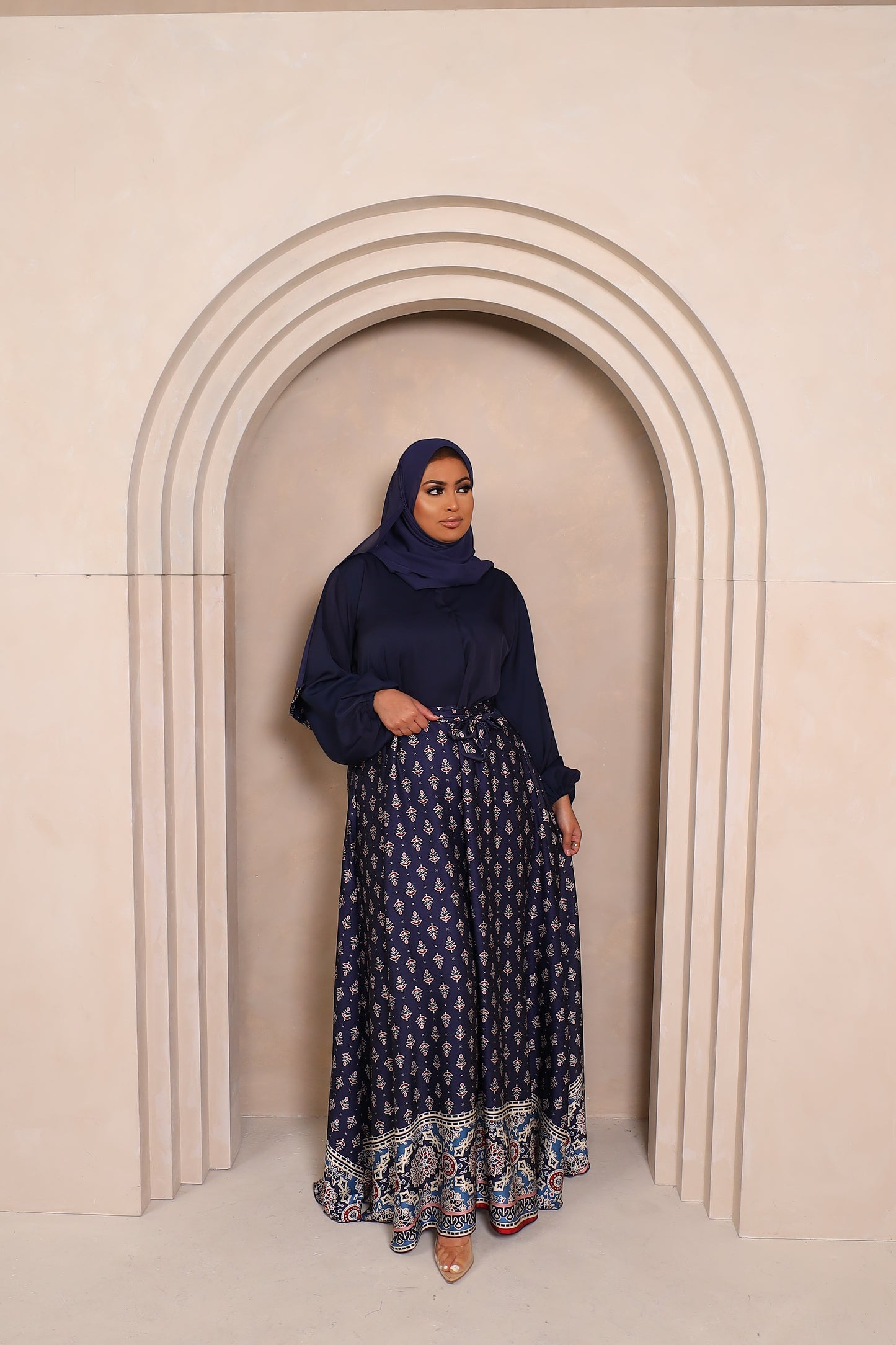 Amal flared Abaya in Blue Nida and Indian printed Borders