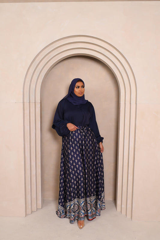 Amal flared Abaya in Blue Nida and Indian printed Borders