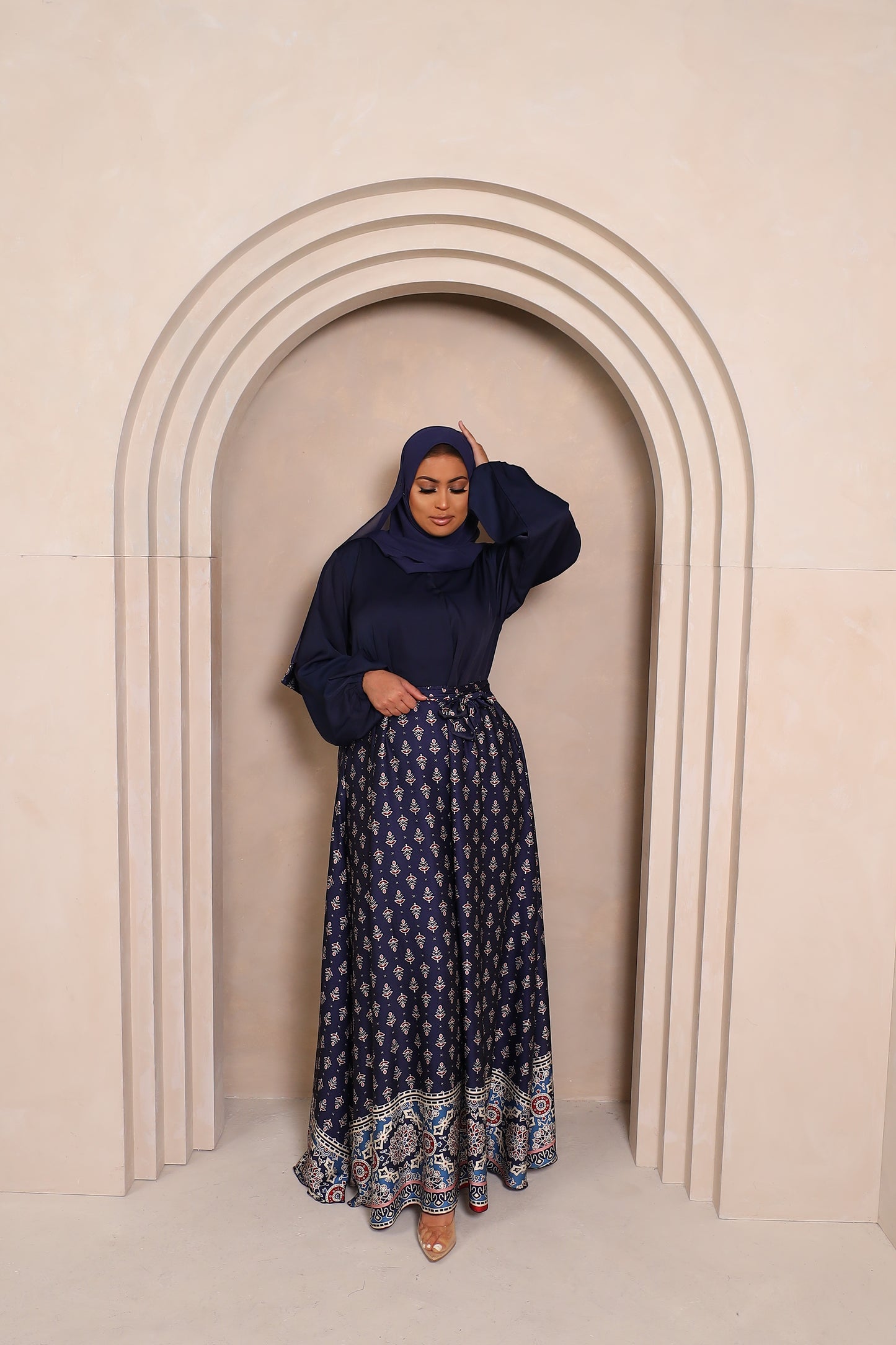 Amal flared Abaya in Blue Nida and Indian printed Borders