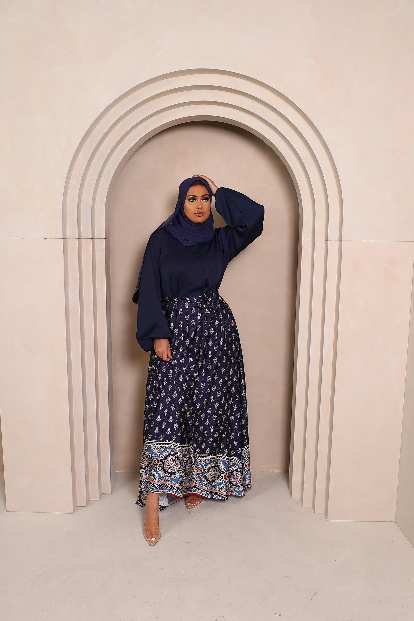 Amal flared Abaya in Blue Nida and Indian printed Borders