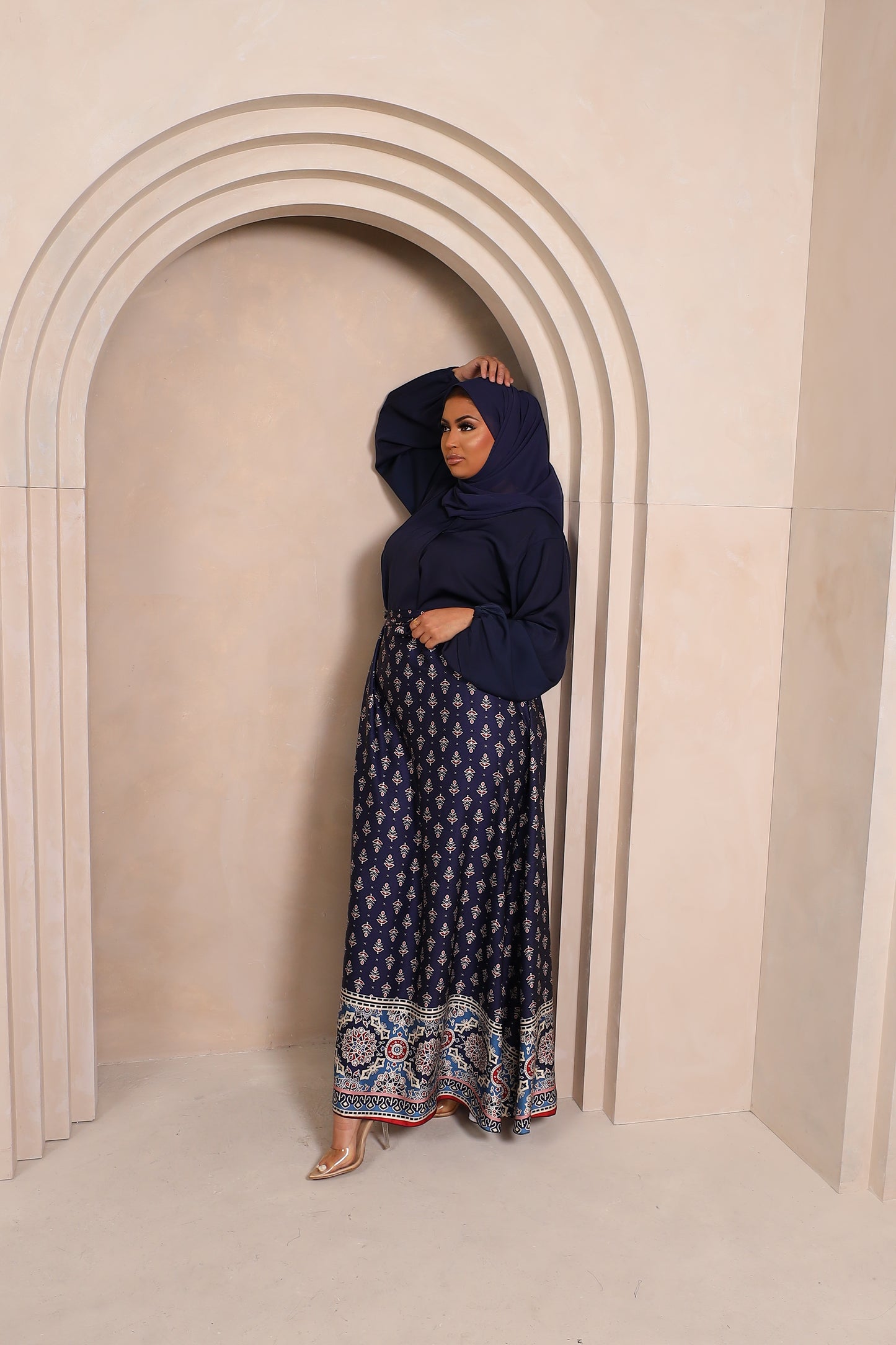 Amal flared Abaya in Blue Nida and Indian printed Borders