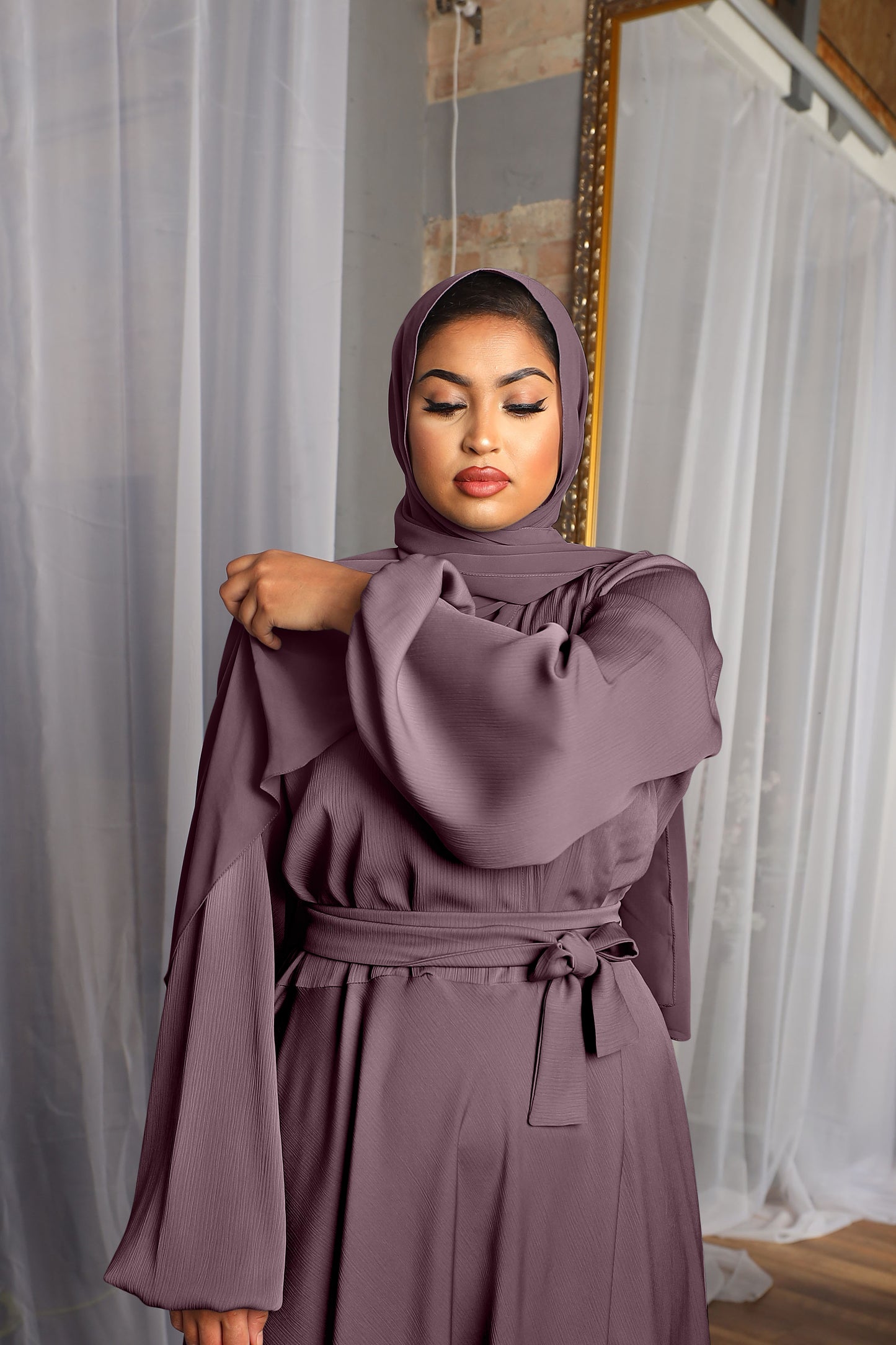Amal wrap flare abaya Heather in Fine Crinkle