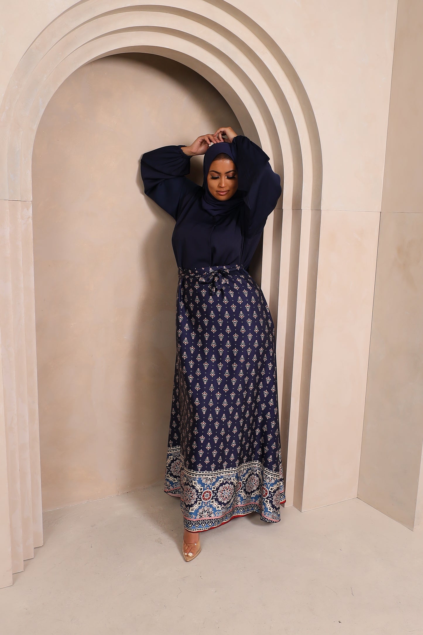 Amal flared Abaya in Blue Nida and Indian printed Borders