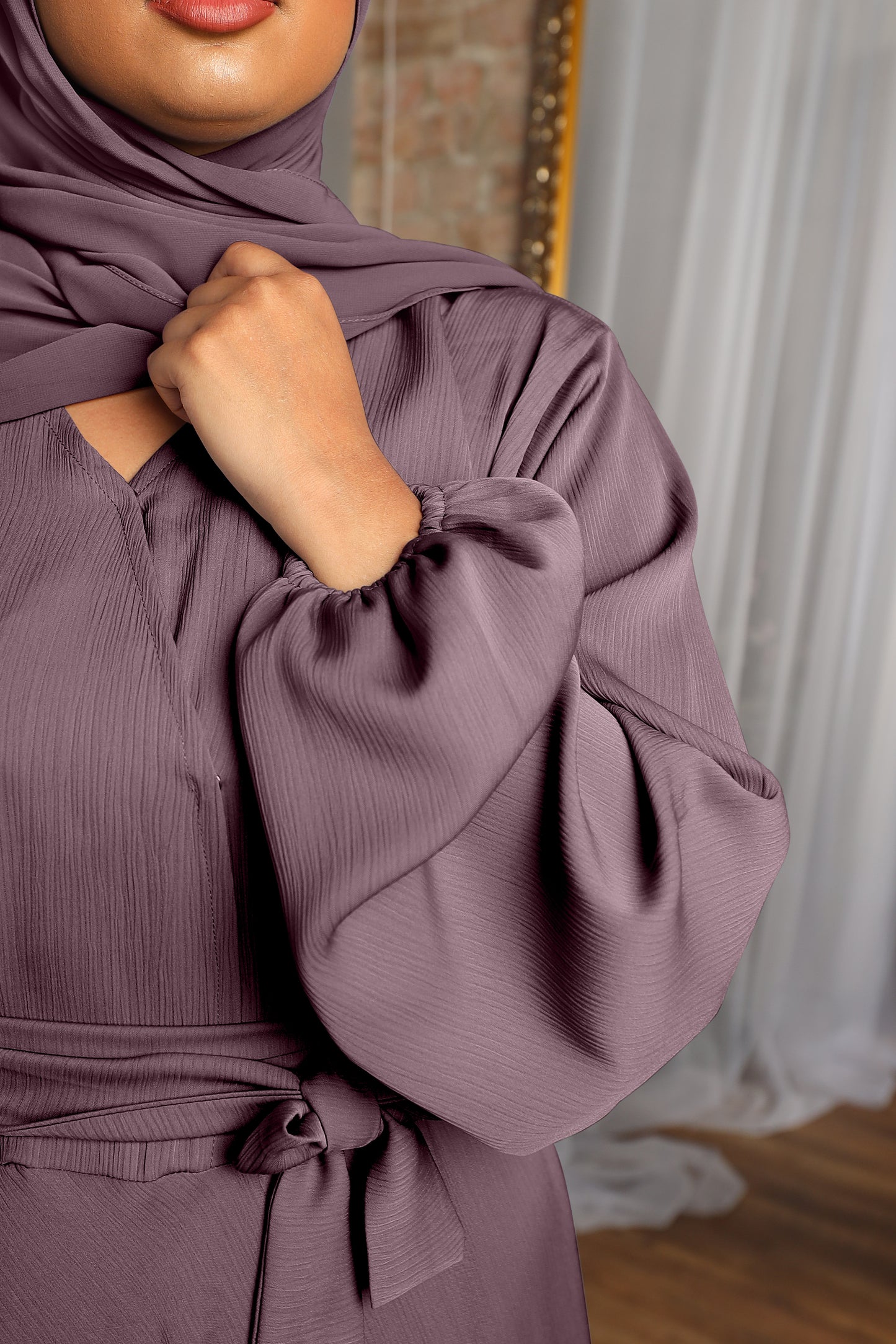 Amal wrap flare abaya Heather in Fine Crinkle