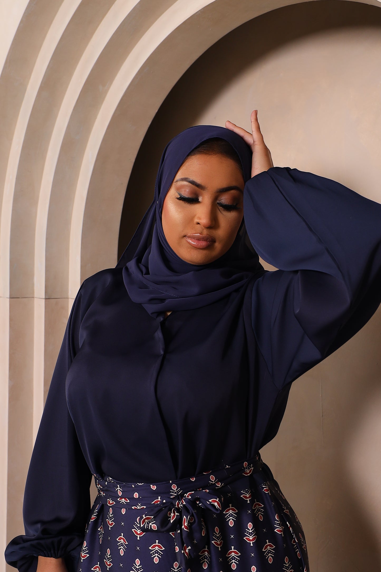 Amal flared Abaya in Blue Nida and Indian printed Borders