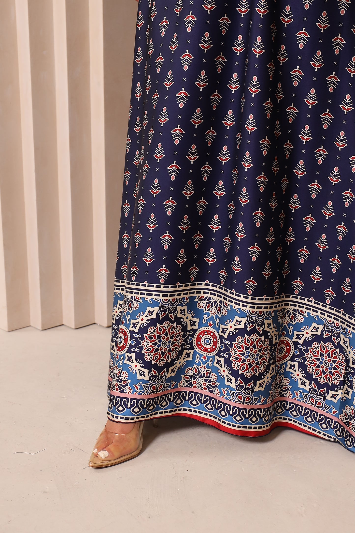 Amal flared Abaya in Blue Nida and Indian printed Borders