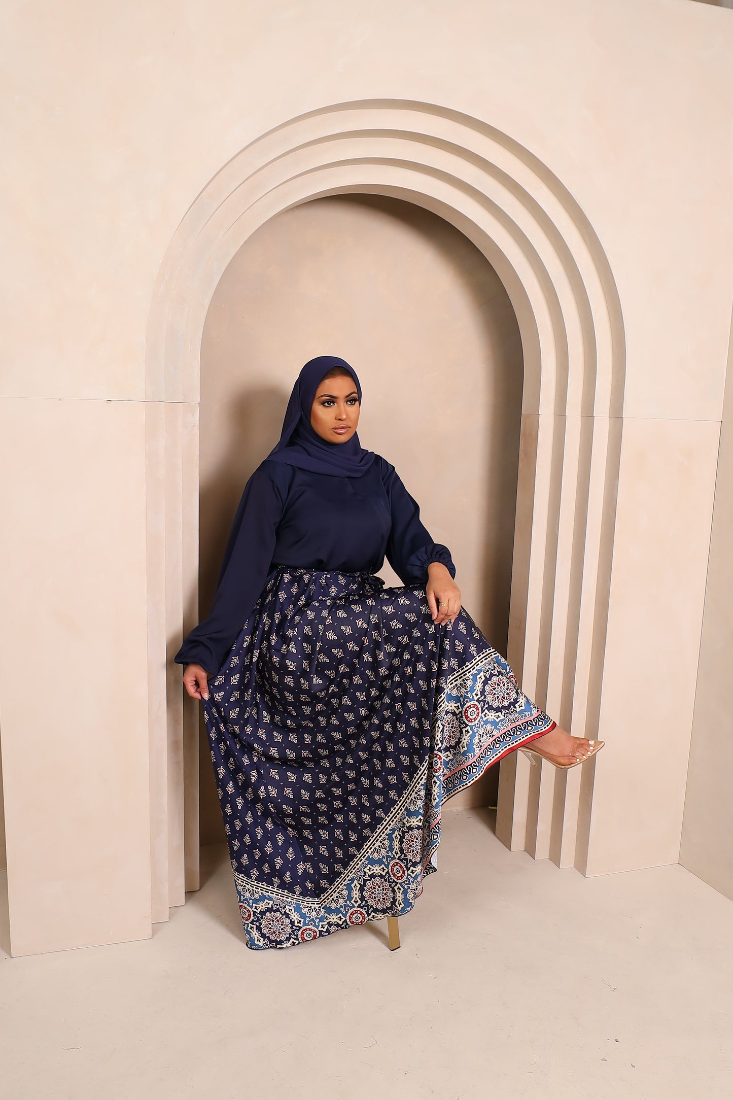 Amal flared Abaya in Blue Nida and Indian printed Borders