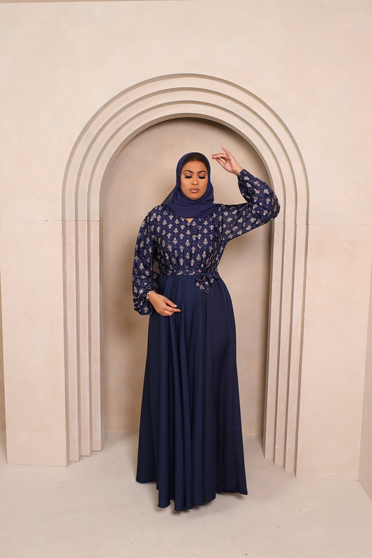 Amal flared Abaya in an Indian Printed Blouse & Navy Nida Skirt