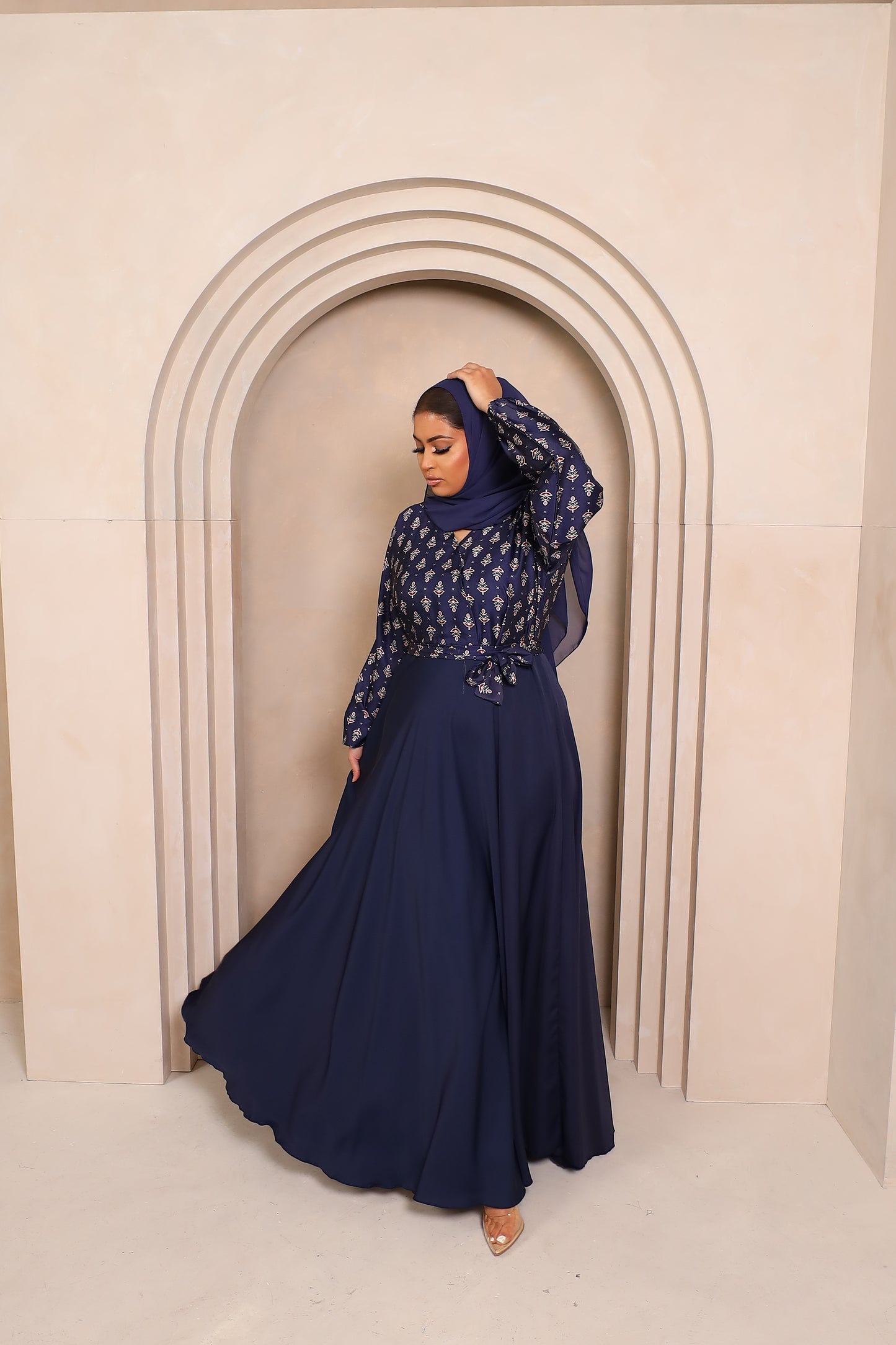 Amal flared Abaya in an Indian Printed Blouse & Navy Nida Skirt