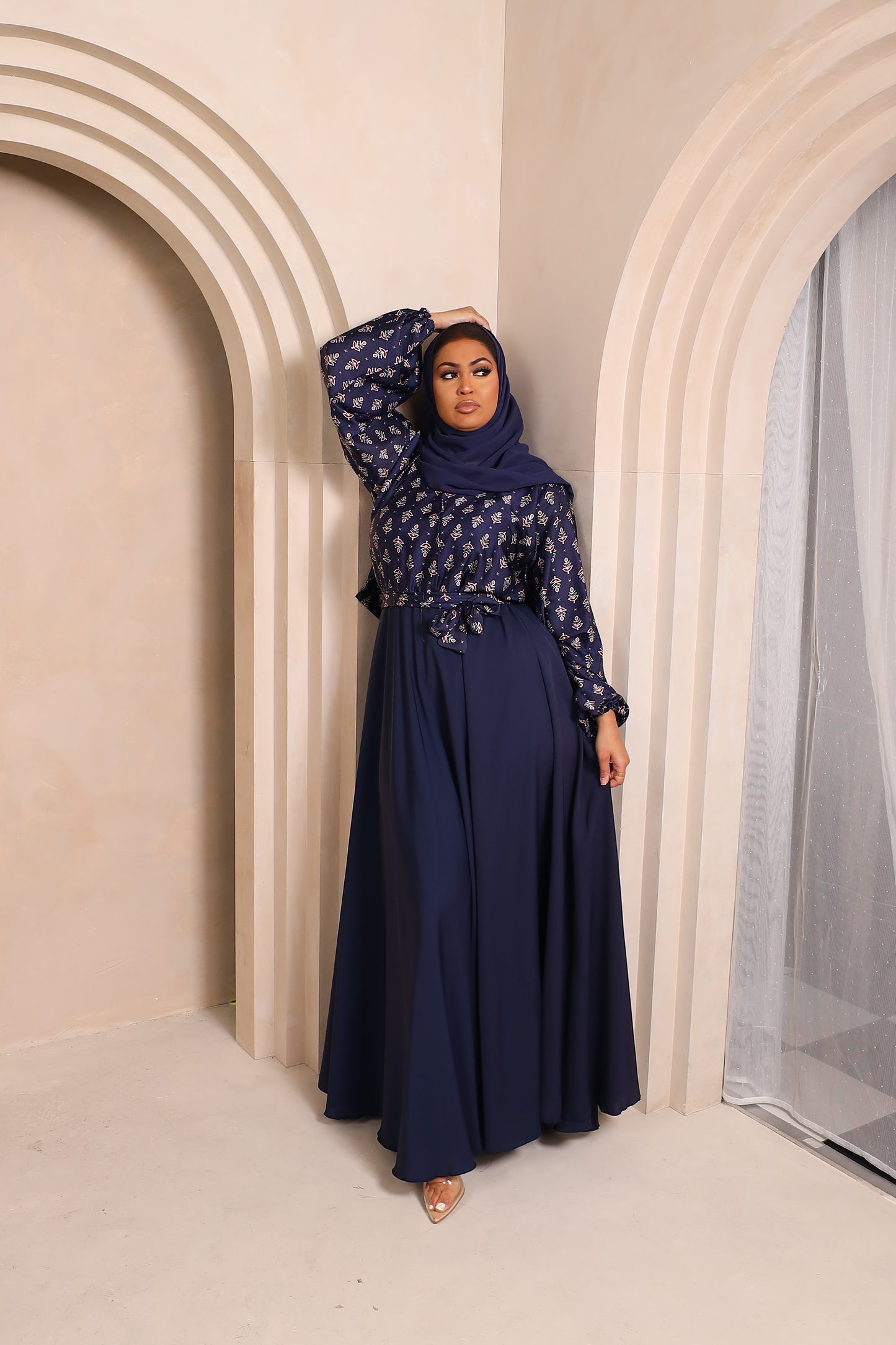 Amal flared Abaya in an Indian Printed Blouse & Navy Nida Skirt