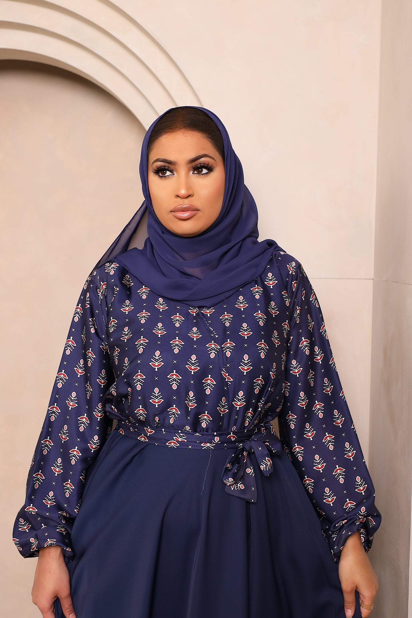 Amal flared Abaya in an Indian Printed Blouse & Navy Nida Skirt